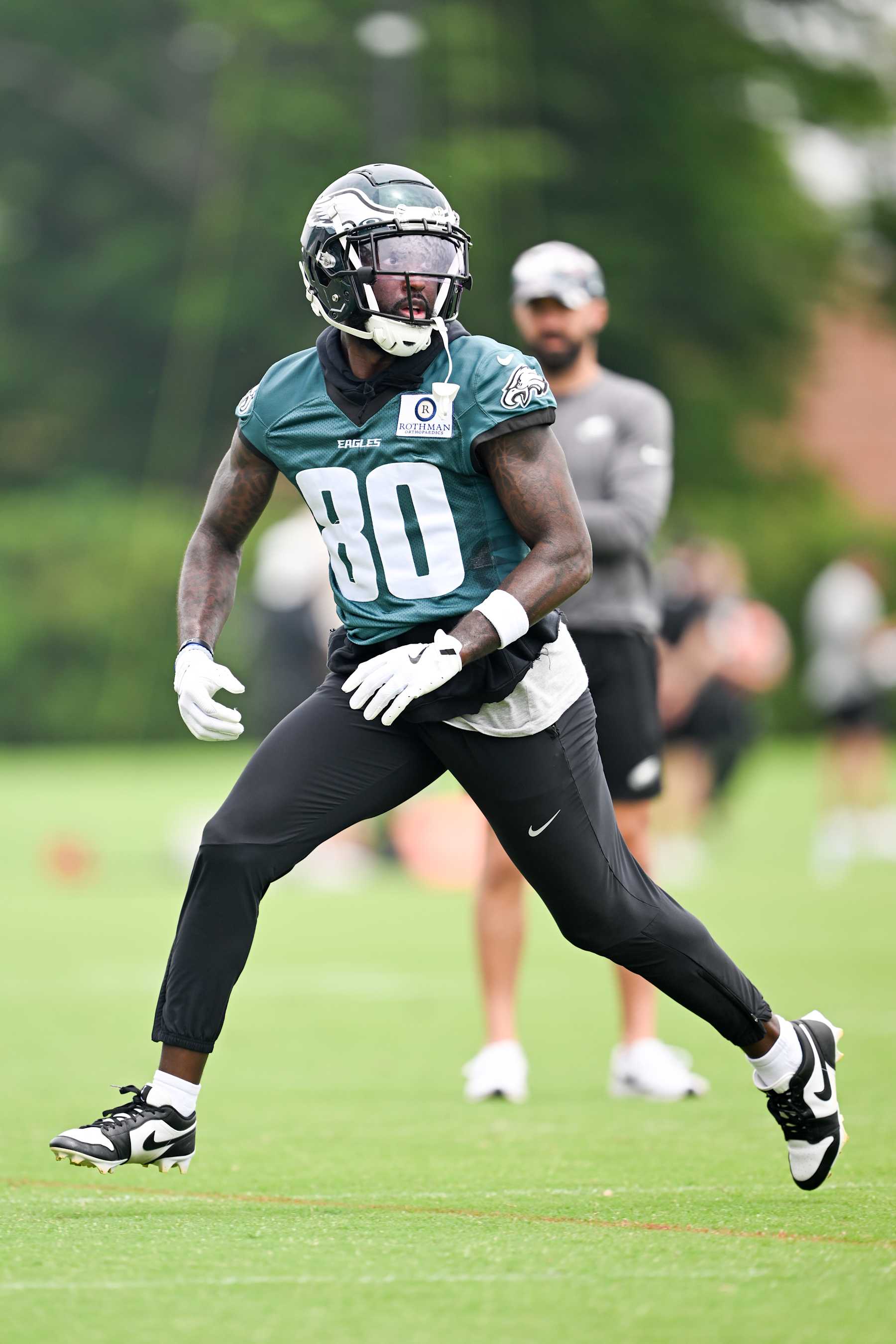 PHILADELPHIA, PA - JUNE 06: Philadelphia Eagles wide receiver Parris Campbell (80) runs a route during Eagles training camp on June 6th, 2024 at the NovaCare Complex in Philadelphia, Pa. (Photo by Terence Lewis/Icon Sportswire via Getty Images)
