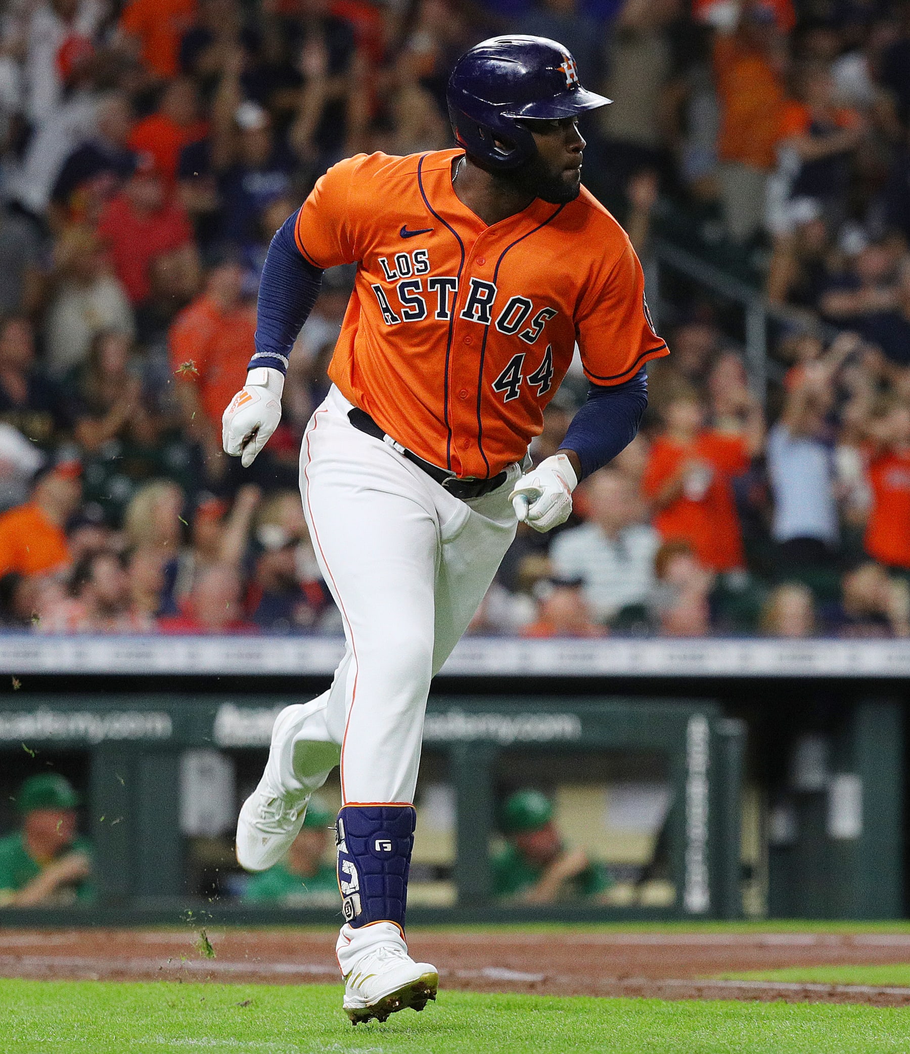 HOUSTON, TEXAS - SEPTEMBER 16: Yordan Alvarez #44 of the Houston Astros hits a solo home run in the third inning against the Oakland Athletics at Minute Maid Park on September 16, 2022 in Houston, Texas. (Photo by Bob Levey/Getty Images)