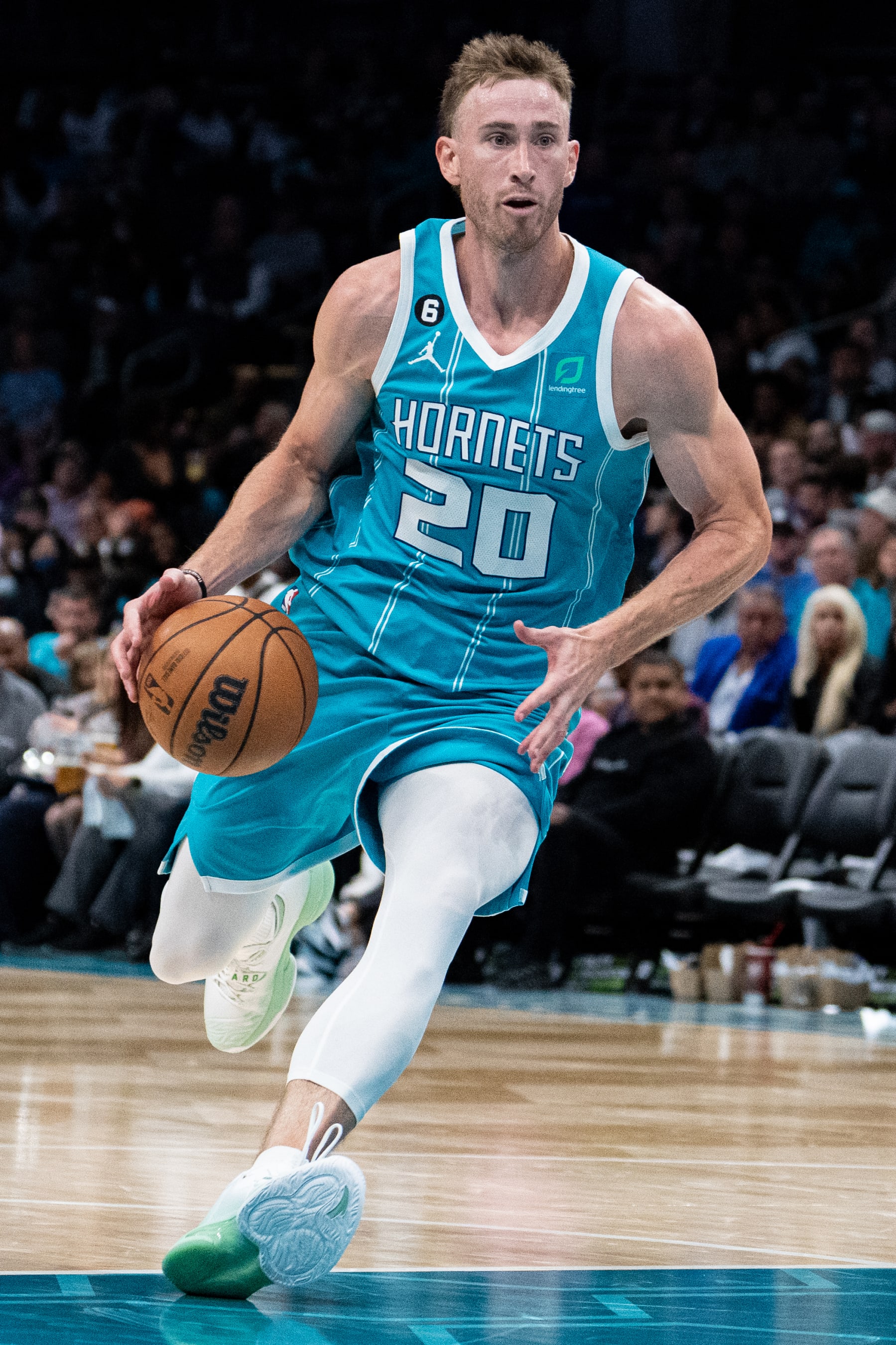 CHARLOTTE, NORTH CAROLINA - OCTOBER 21: Gordon Hayward #20 of the Charlotte Hornets drives to the basket during their game against the New Orleans Pelicans at Spectrum Center on October 21, 2022 in Charlotte, North Carolina. NOTE TO USER: User expressly acknowledges and agrees that, by downloading and or using this photograph, User is consenting to the terms and conditions of the Getty Images License Agreement. (Photo by Jacob Kupferman/Getty Images)