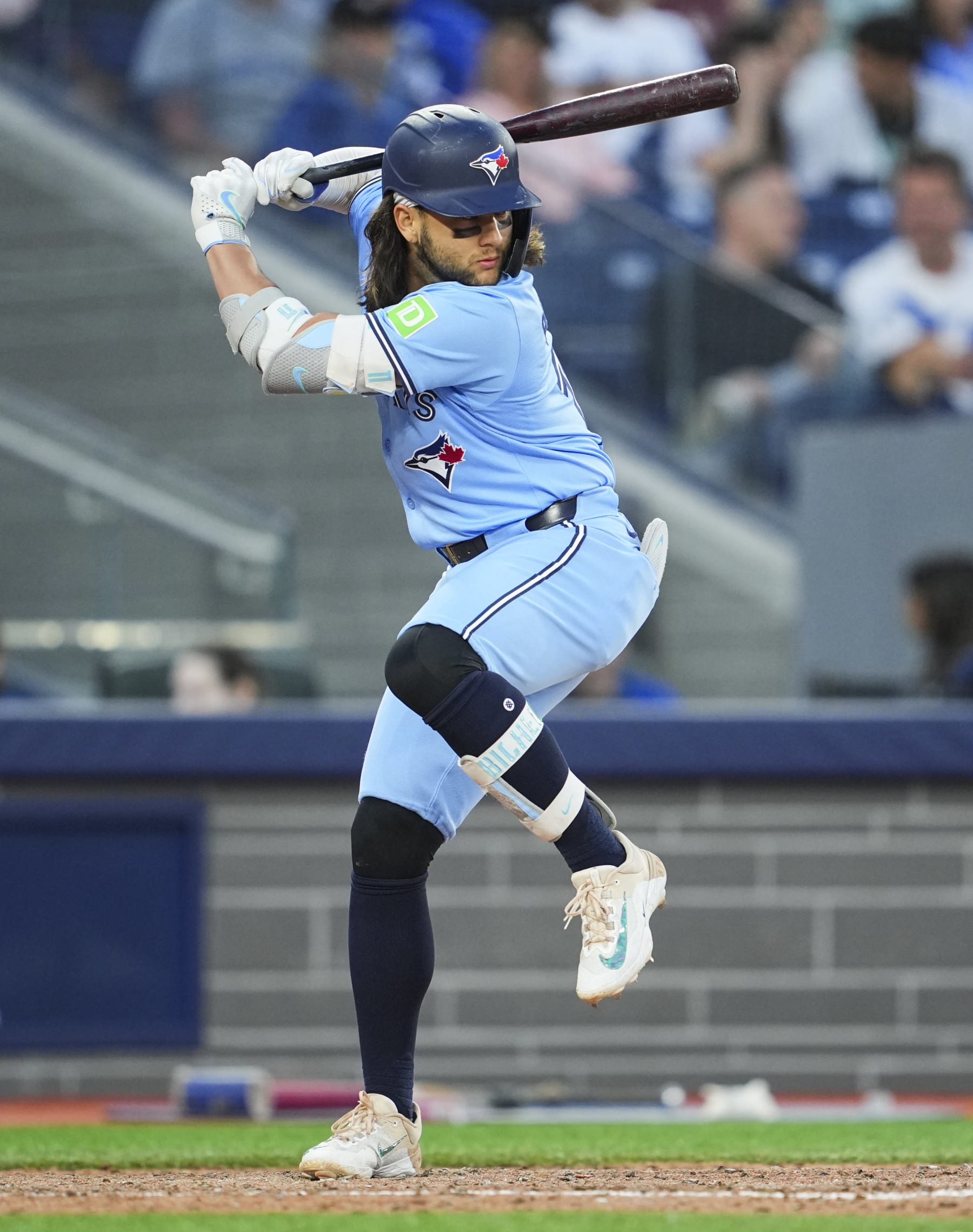 TORONTO, ON - JUNE 14: Bo Bichette #11 of Toronto Blue Jays takes an at bat against the Cleveland Guardians during the sixth inning in their MLB game at the Rogers Centre on June 14, 2024 in Toronto, Ontario, Canada. (Photo by Mark Blinch/Getty Images)