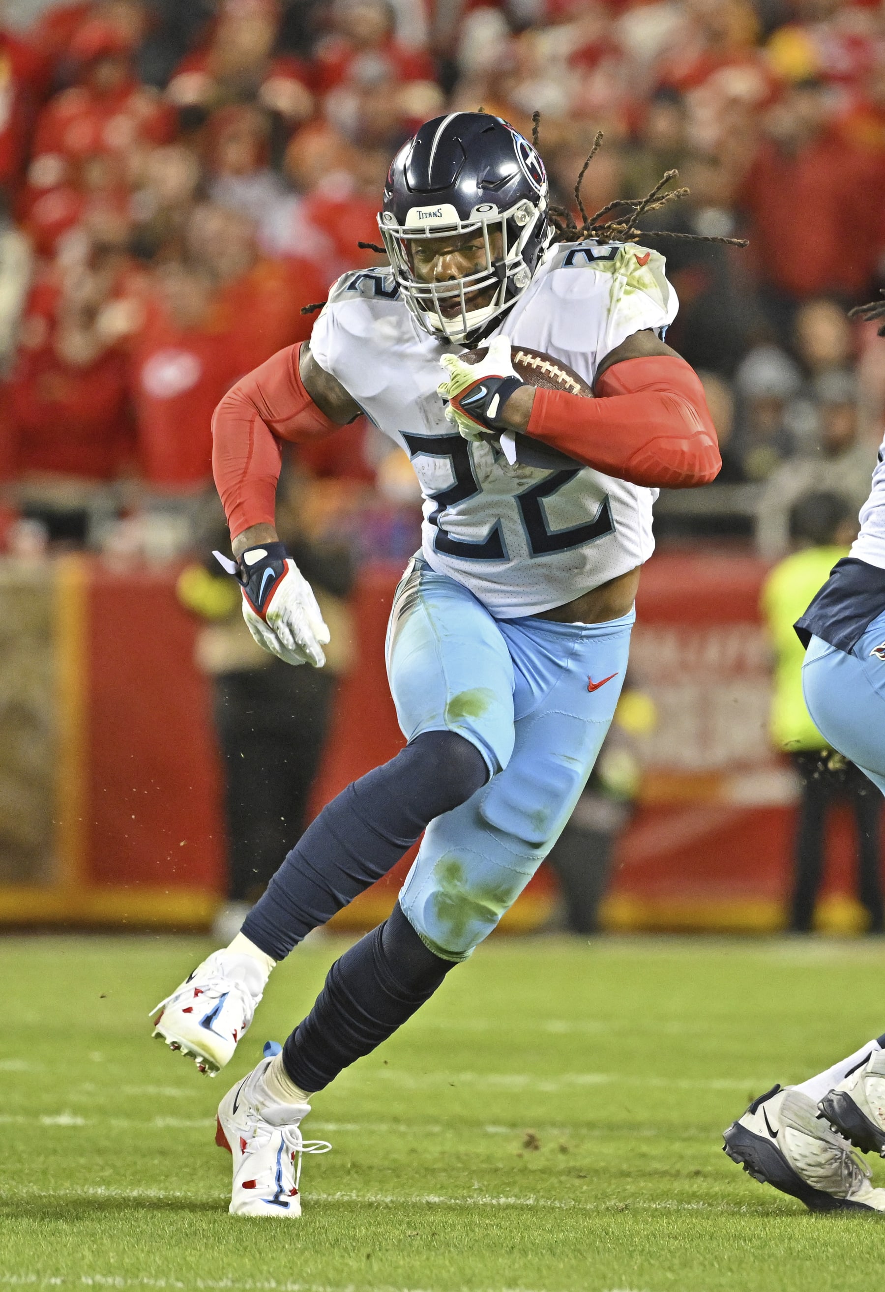 Tennessee Titans running back Derrick Henry (22) runs with the ball during an NFL football game against the Kansas City Chiefs Sunday, Nov. 6, 2022, in Kansas City, Mo. (AP Photo/Peter Aiken)