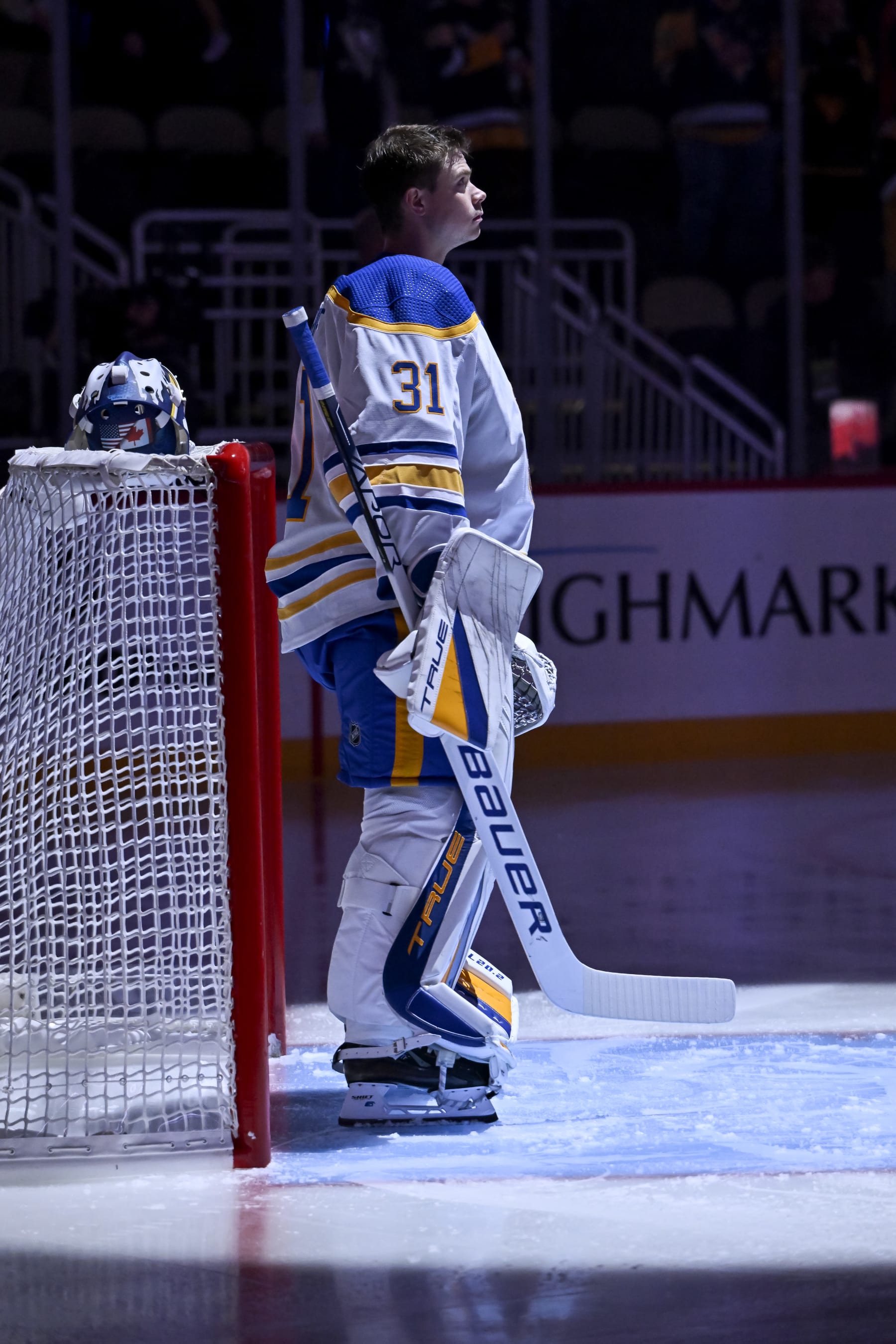PITTSBURGH, PA - OCTOBER 07: Buffalo Sabres goaltender Eric Comrie (31) looks on before the first period in the preseason game between the Pittsburgh Penguins and the Buffalo Sabres on October 7, 2022, at PPG Paints Arena in Pittsburgh, PA. (Photo by Jeanine Leech/Icon Sportswire via Getty Images)