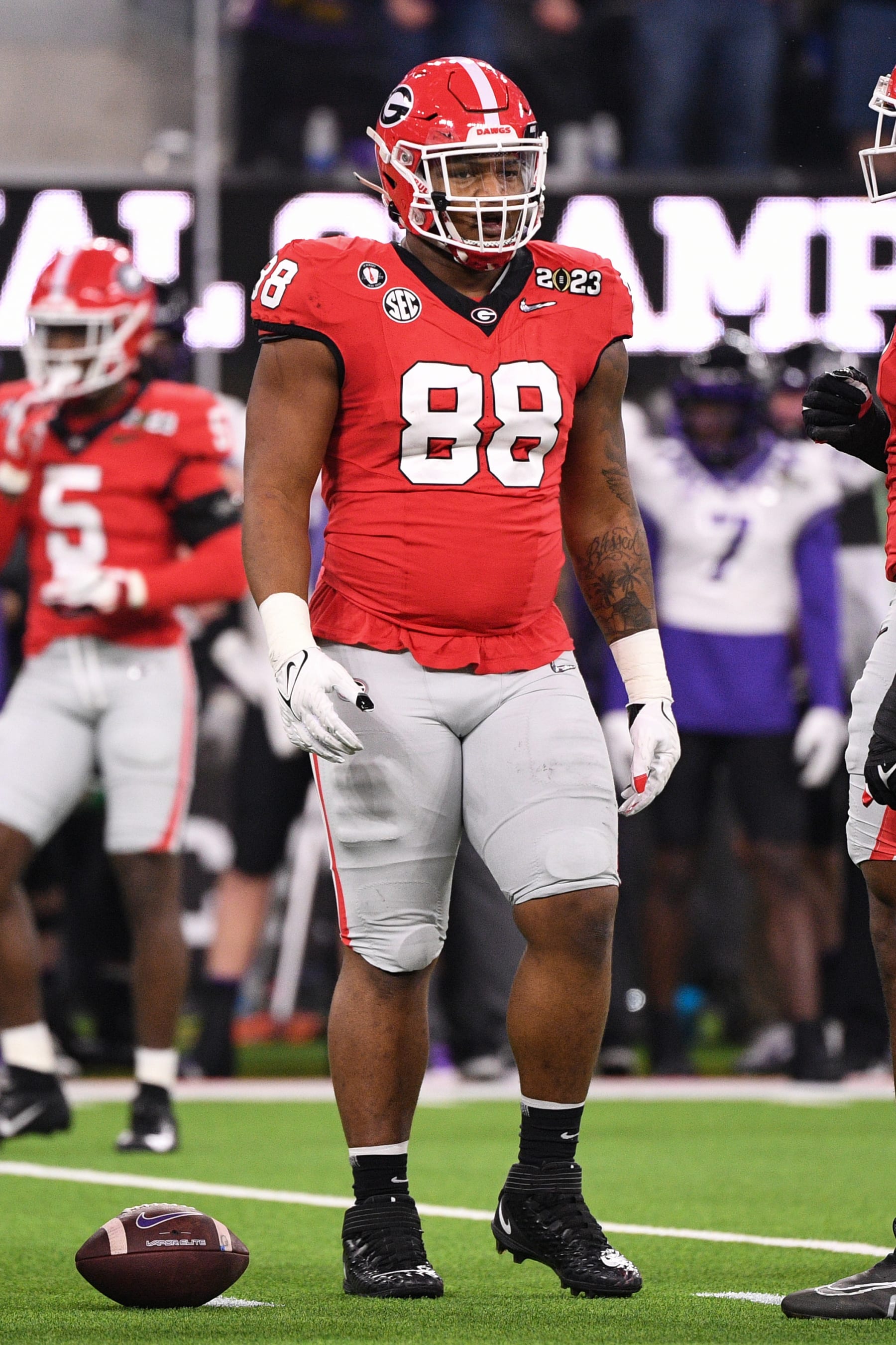 INGLEWOOD, CA - JANUARY 09: Georgia Bulldogs defensive lineman Jalen Carter (88) looks on during the Georgia Bulldogs game versus the TCU Horned Frogs in the College Football Playoff National Championship game on January 9, 2023, at SoFi Stadium in Inglewood, CA. (Photo by Brian Rothmuller/Icon Sportswire via Getty Images)