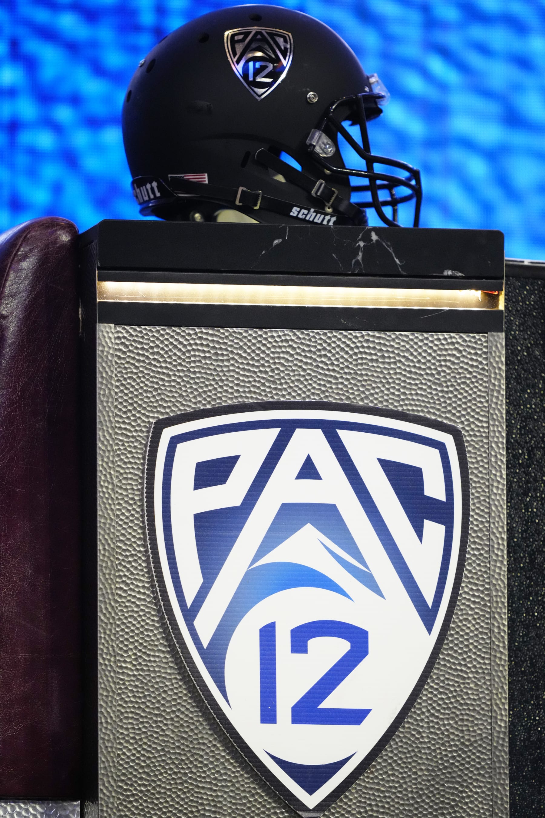 LAS VEGAS, NEVADA - JULY 21: A black Pac-12 helmet on display in front of Resorts World for Pac-12 Media Day at Zouk Nightclub at Resorts World Las Vegas on July 21, 2023 in Las Vegas, Nevada. (Photo by Louis Grasse/Getty Images)
