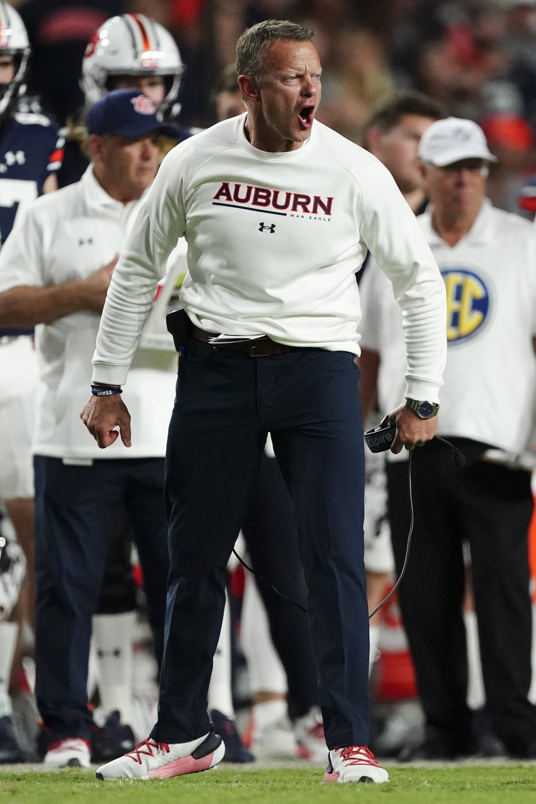 Auburn head coach Bryan Harsin reacts on the sideline in the first half of an NCAA college football game against LSU, Saturday, Oct. 1, 2022, in Auburn, Ala. (AP Photo/John Bazemore)