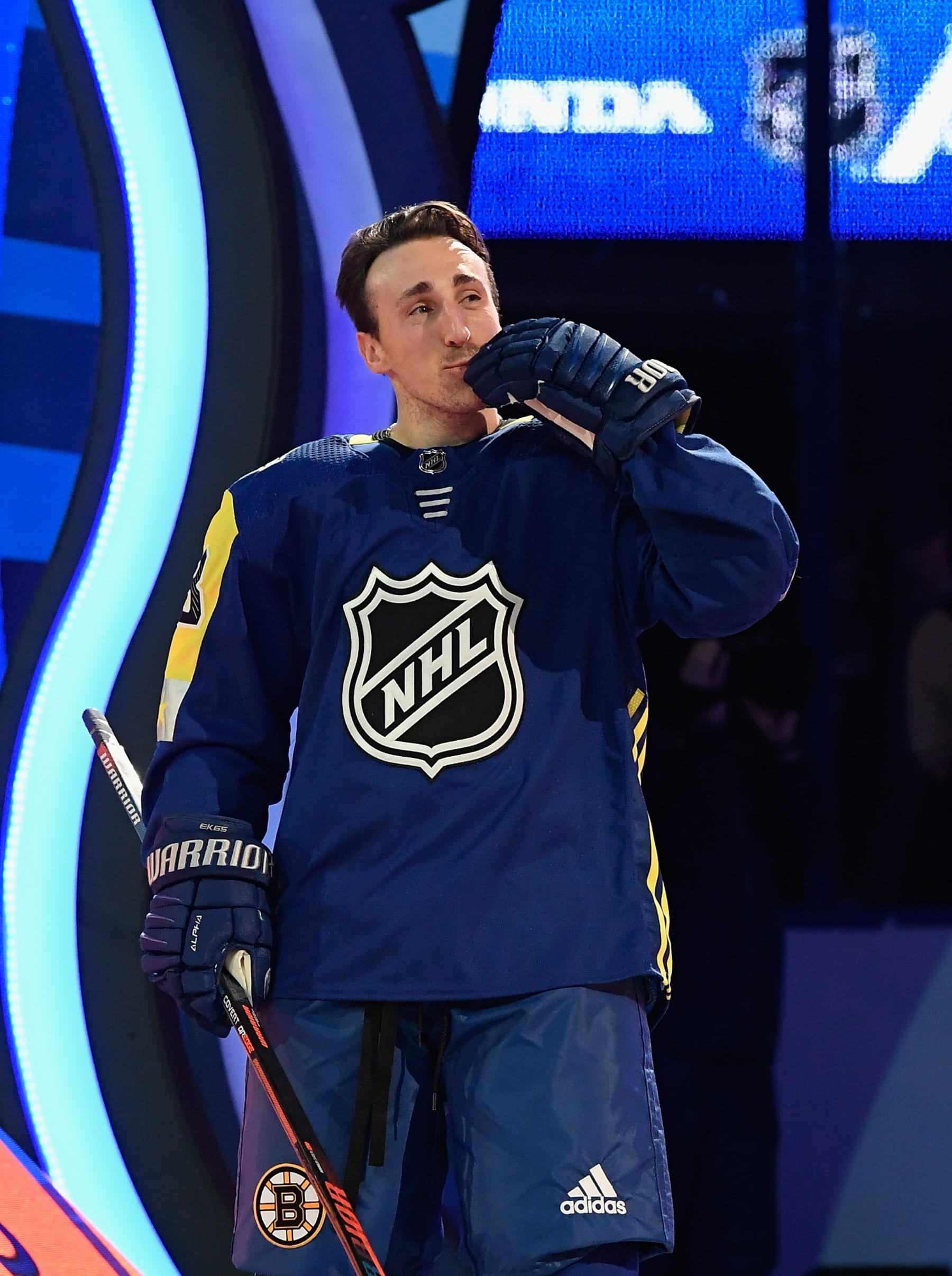TAMPA, FL - JANUARY 28: Brad Marchand #63 of the Boston Bruins acknowledges the fans during player introductions prior to the 2018 Honda NHL All-Star Game at Amalie Arena on January 28, 2018 in Tampa, Florida.  (Photo by Brian Babineau/NHLI via Getty Images)