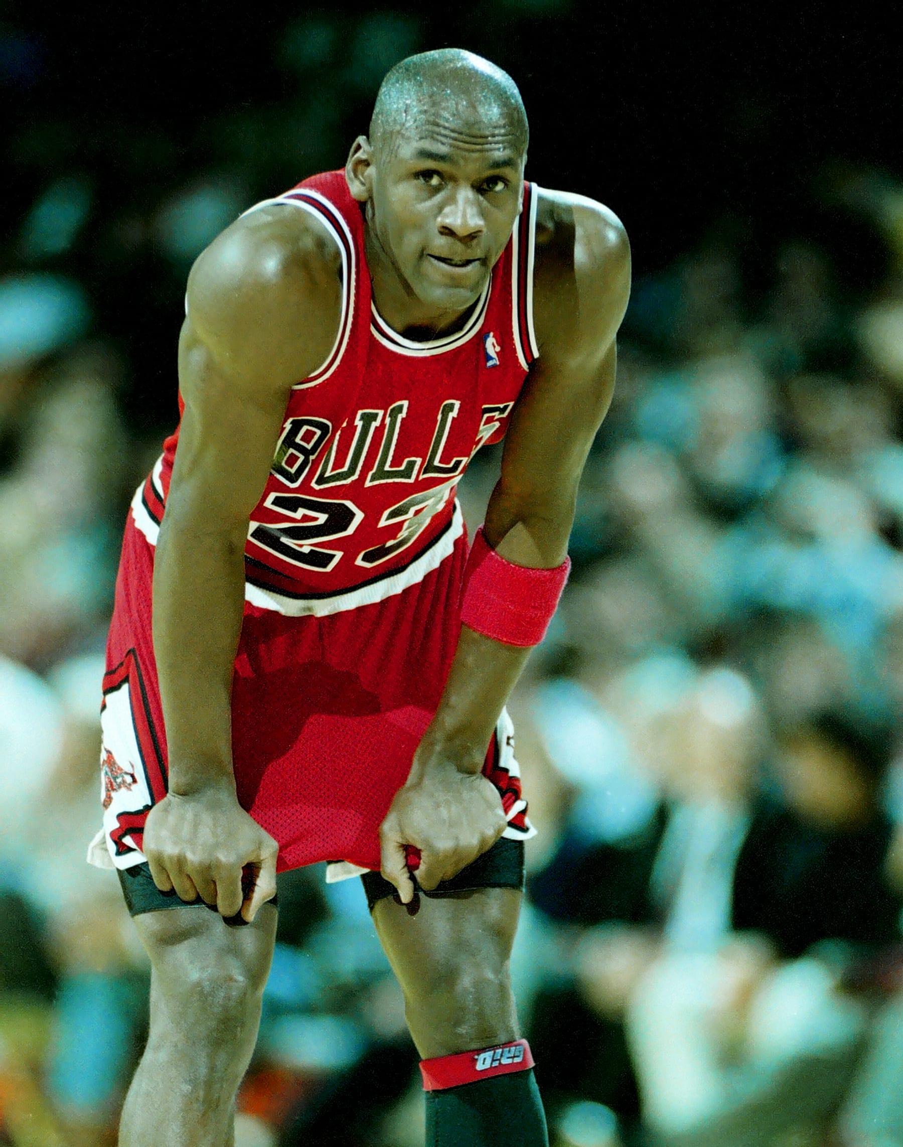 LOS ANGELES, CA - Feb. 7, 1990: Michael Jordan #23 of the Chicago Bulls looks on during a game against the Los Angeles Lakers at The Forum, Los Angeles, California. NOTE TO USER: User expressly acknowledges and agrees that, by downloading and/or using this Photograph, user is consenting to the terms and conditions of the Getty Images License Agreement. (Photo by Jayne Kamin-Oncea/Getty Images)