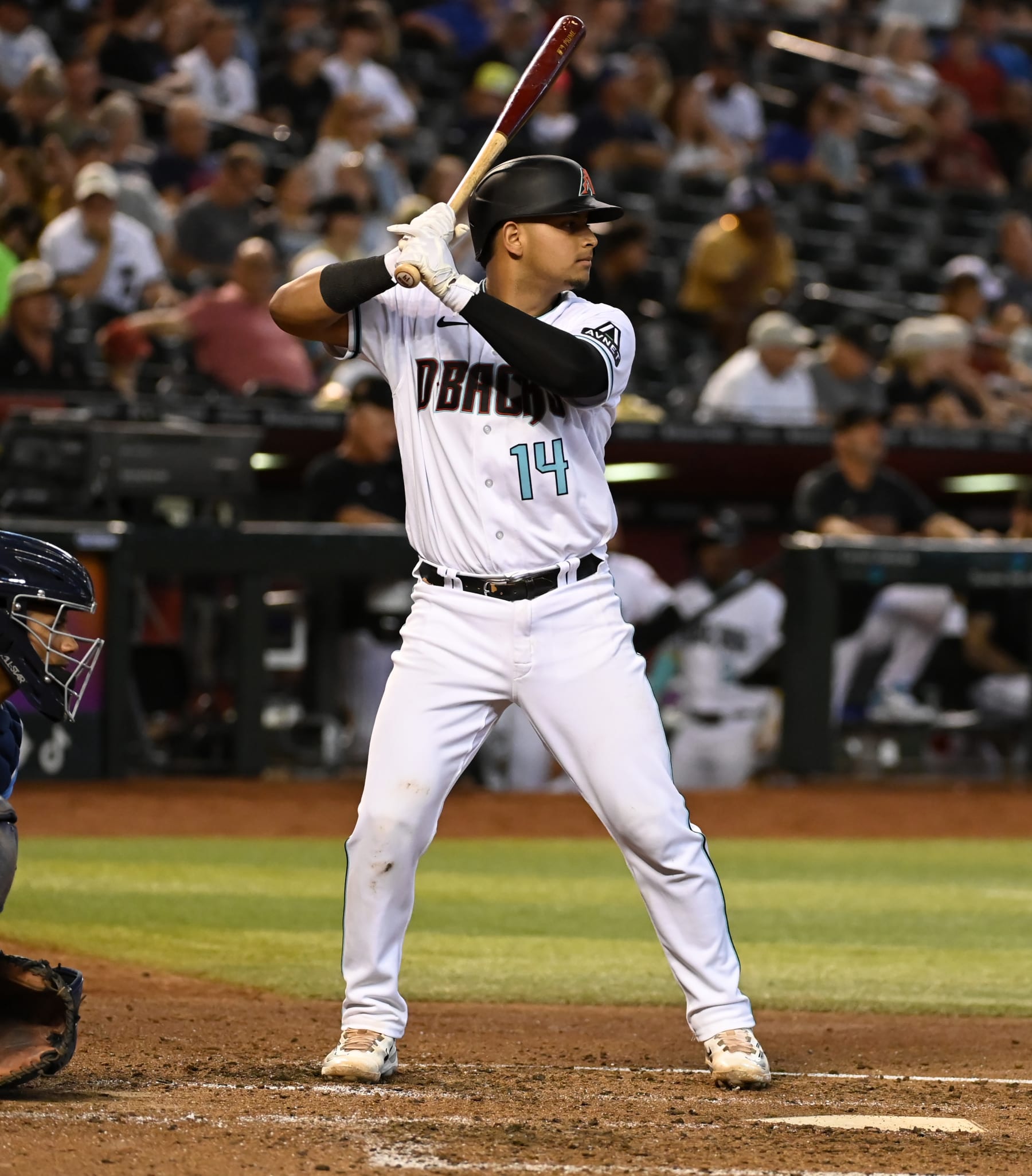 PHOENIX, ARIZONA - JUNE 29: Gabriel Moreno #14 of the Arizona Diamondbacks gets ready in the batters box against the Tampa Bay Rays at Chase Field on June 29, 2023 in Phoenix, Arizona. (Photo by Norm Hall/Getty Images)