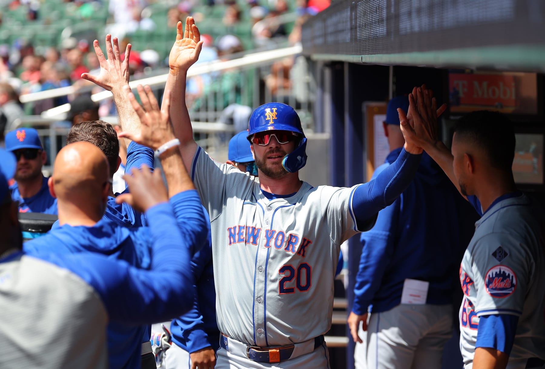ATLANTA, GEORGIA - APRIL 11:  Pete Alonso #20 of the New York Mets reacts after scoring in the third inning against the Atlanta Braves at Truist Park on April 11, 2024 in Atlanta, Georgia. (Photo by Kevin C. Cox/Getty Images)