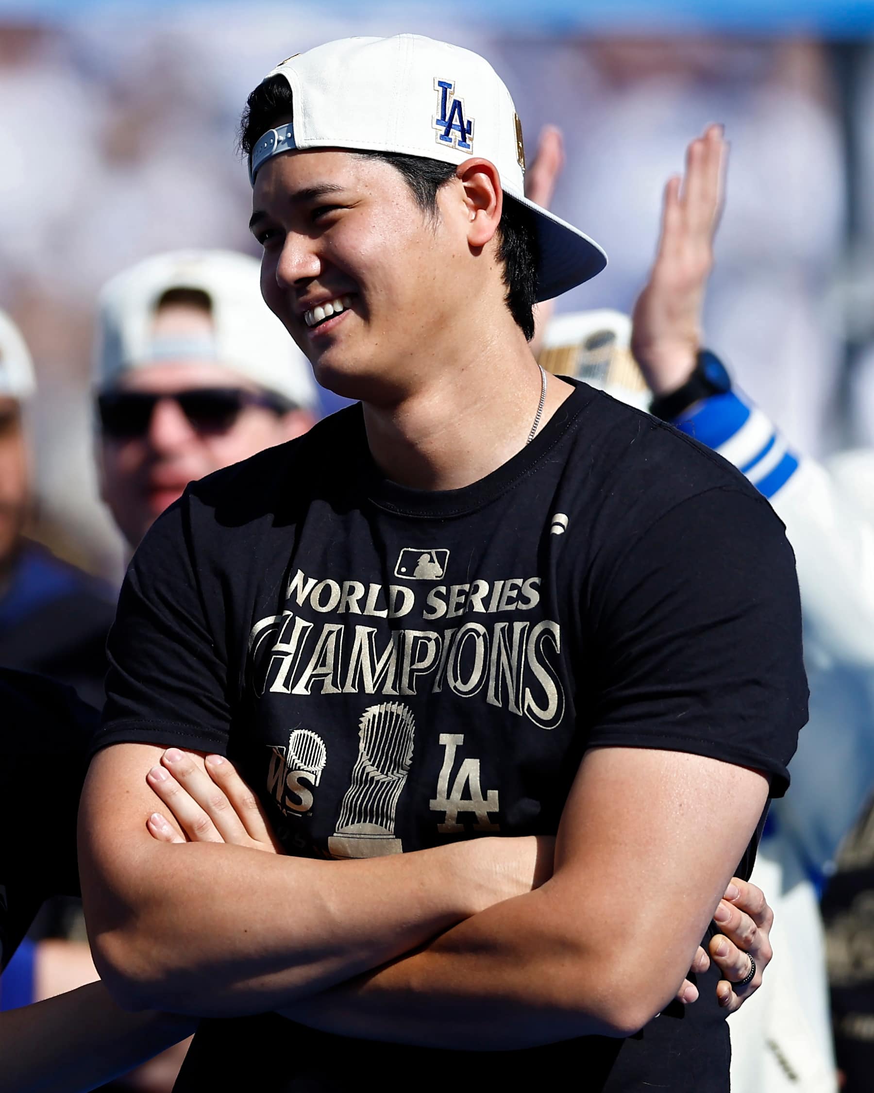 LOS ANGELES, CALIFORNIA - NOVEMBER 01: Shohei Ohtani #17 of the Los Angeles Dodgers looks on during the 2024 World Series Celebration Show at Dodger Stadium on November 01, 2024 in Los Angeles, California.  (Photo by Ronald Martinez/Getty Images)