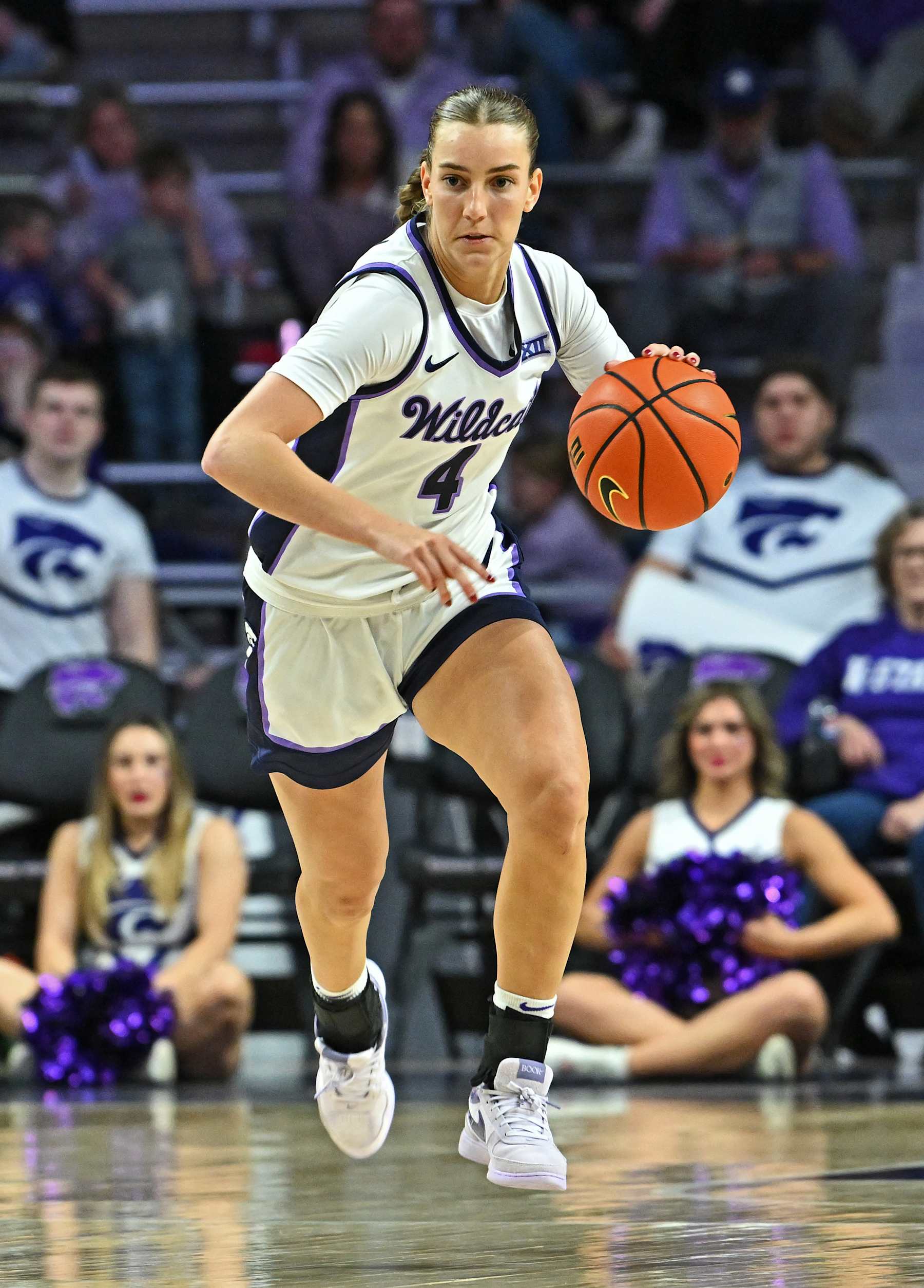 MANHATTAN, KS - JANUARY 04:  Serena Sundell #4 of the Kansas State Wildcats dribbles the ball up the court in the second half against the Texas Tech Red Raiders at Bramlage Coliseum on January 4, 2025 in Manhattan, Kansas. (Photo by Peter G. Aiken/Getty Images)