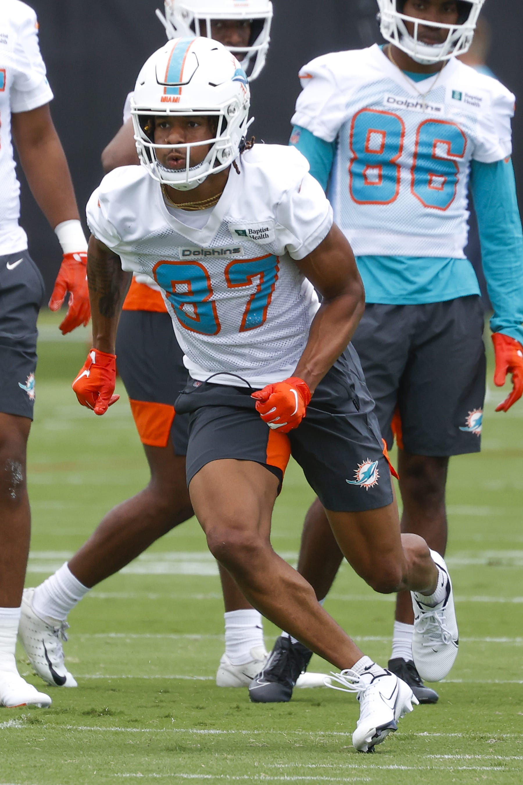 MIAMI GARDENS, FL - MAY 13: Erik Ezukanma #87 of the Miami Dolphins runs a drill during the rookie minicamp at the Baptist Health Training Complex on May 13, 20212 in Miami Gardens, Florida. (Photo by Joel Auerbach/Getty Images)