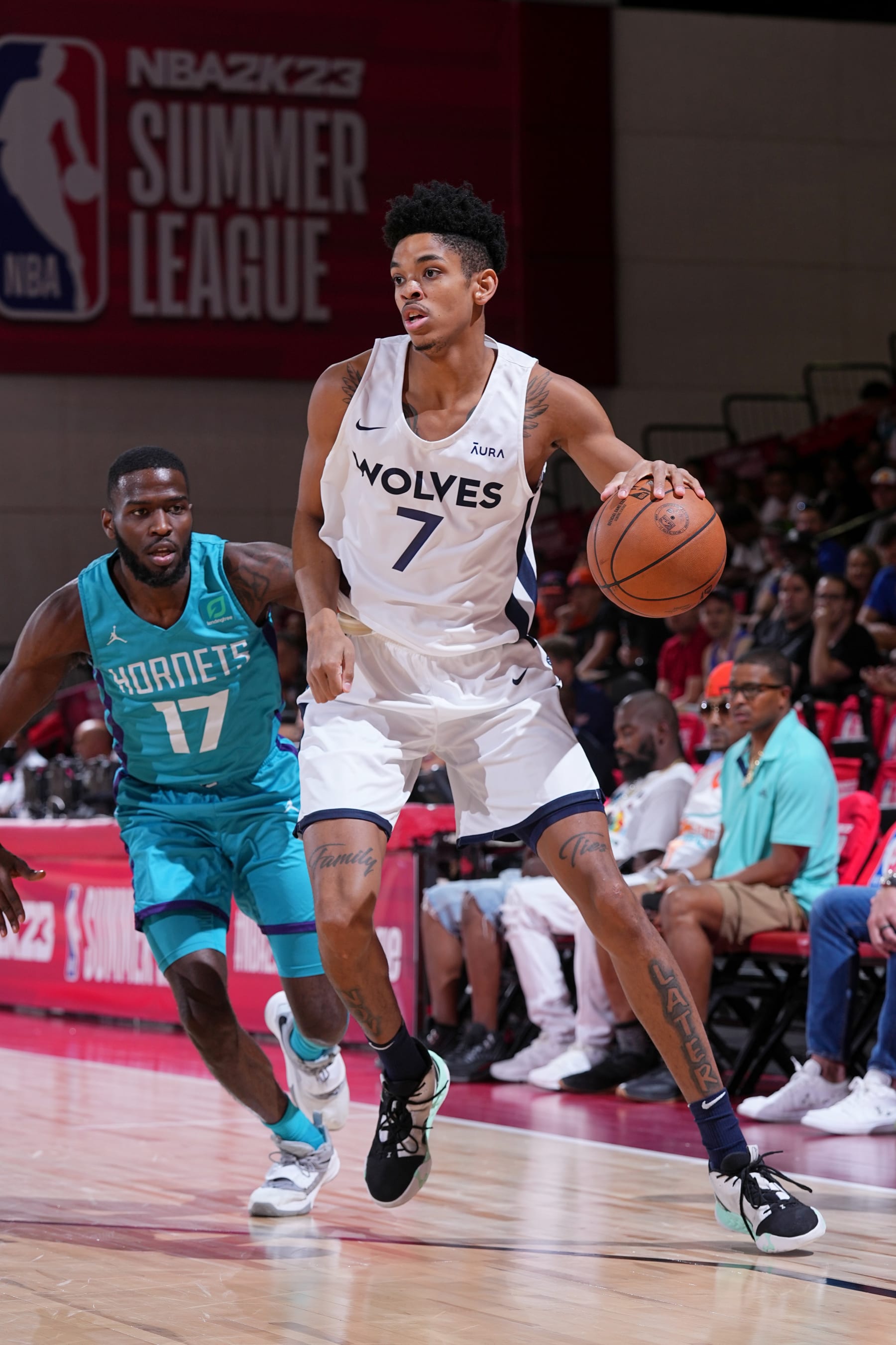 LAS VEGAS, NV - JULY 16: Josh Minott #7 of the Minnesota Timberwolves dribbles the ball during the game against the Charlotte Hornets during the 2022 Las Vegas Summer League on July 16, 2022 at Cox Pavilion in Las Vegas, Nevada NOTE TO USER: User expressly acknowledges and agrees that, by downloading and/or using this Photograph, user is consenting to the terms and conditions of the Getty Images License Agreement. Mandatory Copyright Notice: Copyright 2022 NBAE (Photo by Bart Young/NBAE via Getty Images)