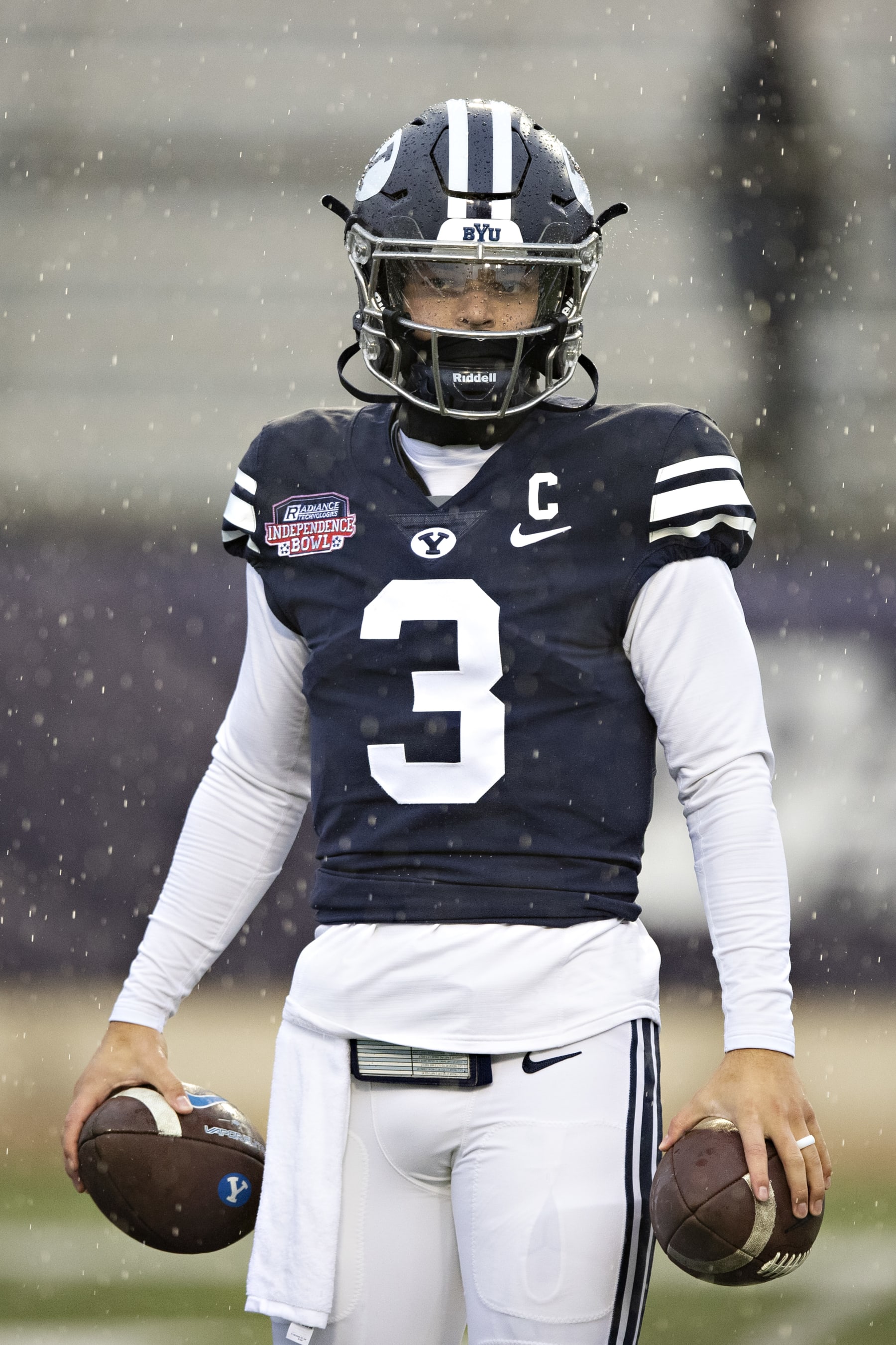 SHREVEPORT, LOUISIANA - DECEMBER 18: Jaren Hall #3 of the BYU Cougars warms up prior to a game against the UAB Blazers during the Radiance Technologies Independence Bowl at Independence Stadium on December 18, 2021 in Shreveport, Louisiana.  The Blazers defeated the Cougars 31-28.  (Photo by Wesley Hitt/Getty Images)