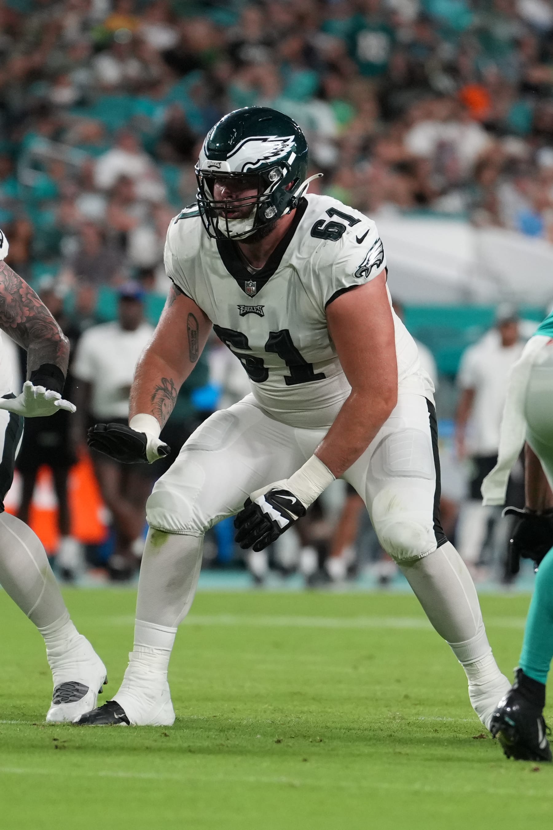 MIAMI GARDENS, FL - AUGUST 27: Philadelphia Eagles guard Josh Sills (61) protects his zone during the game between the Philadelphia Eagles and the Miami Dolphins, on Saturday, August 27 at Hard Rock Stadium in Miami Gardens, FL (Photo by Peter Joneleit/Icon Sportswire via Getty Images) MIAMI GARDENS, FL - AUGUST 27: Philadelphia Eagles guard Josh Sills (61) protects his zone during the game between the Philadelphia Eagles and the Miami Dolphins, on Saturday, August 27 at Hard Rock Stadium in Miami Gardens, FL (Photo by Peter Joneleit/Icon Sportswire via Getty Images)