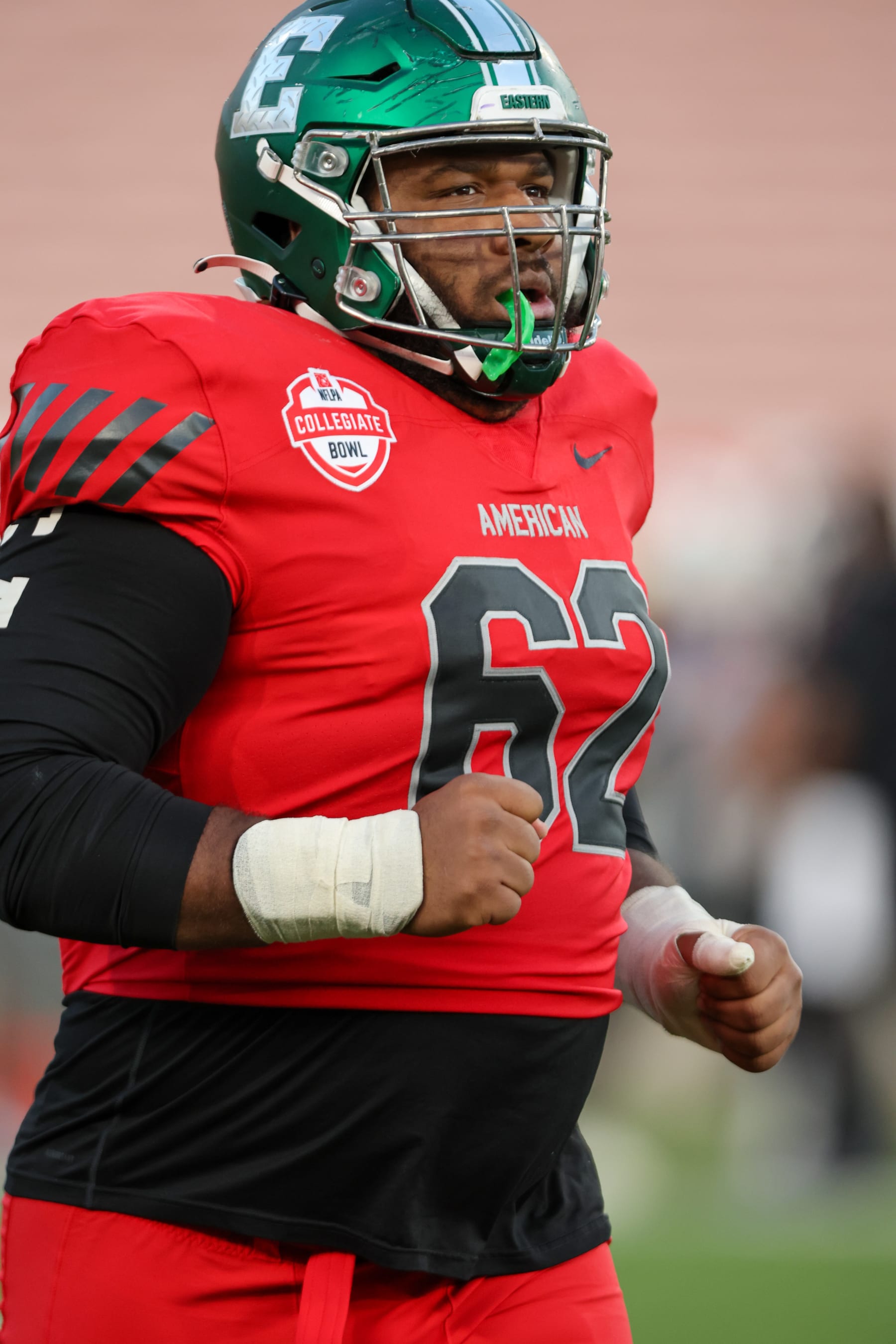 PASADENA, CA - JANUARY 28: American team offensive lineman Cheikhe "Sidy" Sow Eastern Michigan University (62) during the 2023 NFLPA Collegiate Bowl game between the American Team and the National Team on January 28, 2023, at Rose Bowl in Pasadena, CA. (Photo by Jordon Kelly/Icon Sportswire via Getty Images)