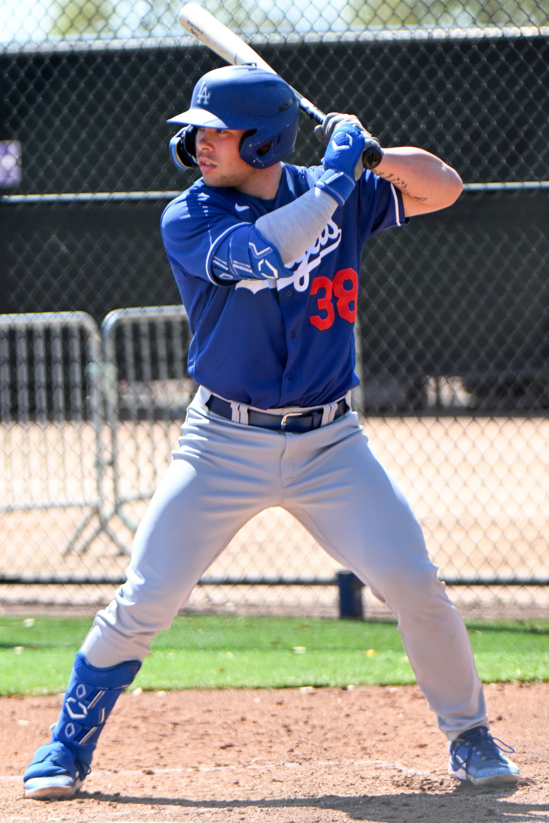 GLENDALE, ARIZONA - MARCH 24, 2023: Dalton Rushing #38 of the Los Angeles Dodgers bats during a minor league spring training game against the Cleveland Guardians at Camelback Ranch on March 24, 2023 in Glendale, Arizona. (Photo by David Durochik/Diamond Images via Getty Images)
