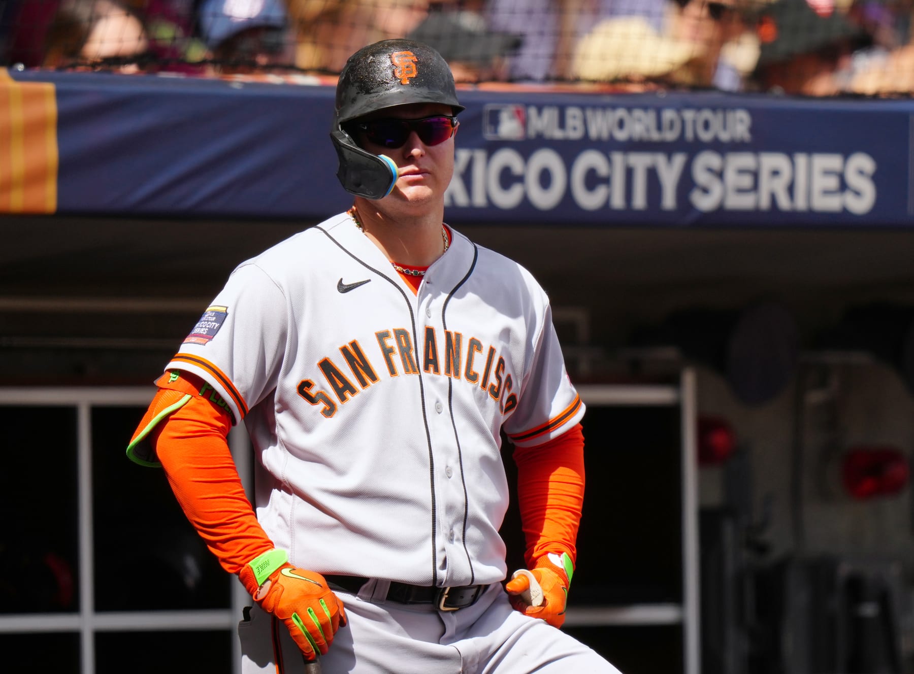 MEXICO CITY, MEXICO - APRIL 30: Joc Pederson #23 of the San Francisco Giants is seen in the dugout during the game between the San Francisco Giants and the San Diego Padres at Alfredo Harp Helú Stadium on Sunday, April 30, 2023 in Mexico City, Mexico. (Photo by Daniel Shirey/MLB Photos via Getty Images)