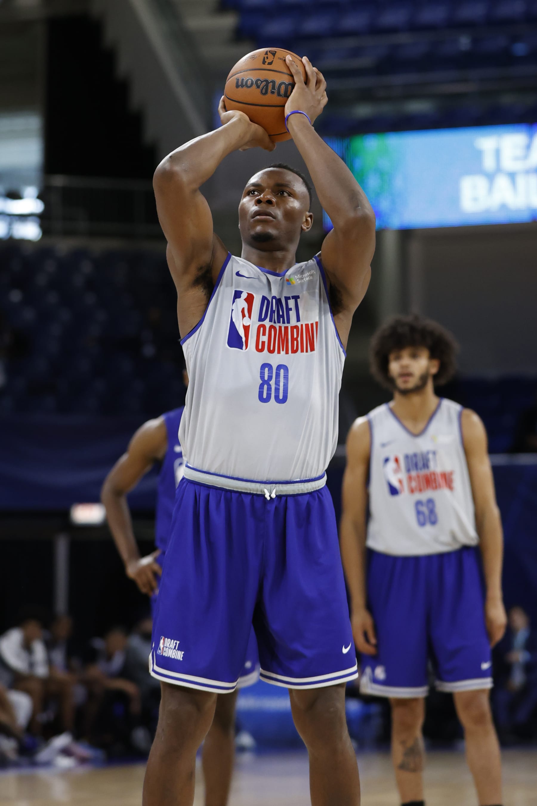 CHICAGO, IL - MAY 17: NBA Draft Prospect, Oscar Tshiebwe #80 shoots a free throw during the 2023 NBA Combine at Wintrust Arena on May 17, 2023 in Chicago, Illinois. NOTE TO USER: User expressly acknowledges and agrees that, by downloading and or using this photograph, user is consenting to the terms and conditions of the Getty Images License Agreement. Mandatory Copyright Notice: Copyright 2023 NBAE (Photo by Kamil Krzaczynski/NBAE via Getty Images)