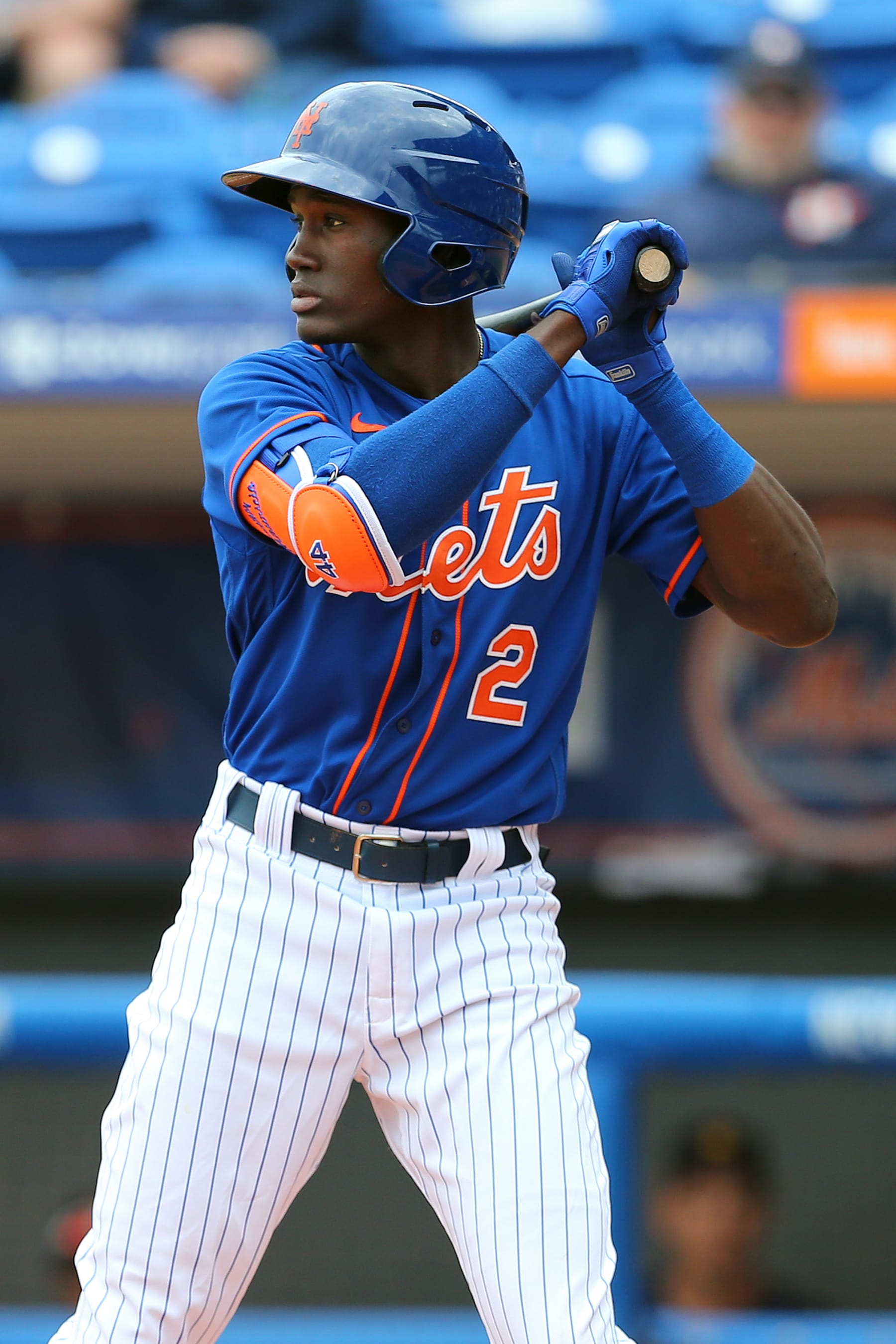 PORT ST. LUCIE, FL - MARCH 08: Ronny Mauricio #2 of the New York Mets in action against the Houston Astros during a spring training baseball game at Clover Park on March 8, 2020 in Port St. Lucie, Florida. The Mets defeated the Astros 3-1. (Photo by Rich Schultz/Getty Images)
