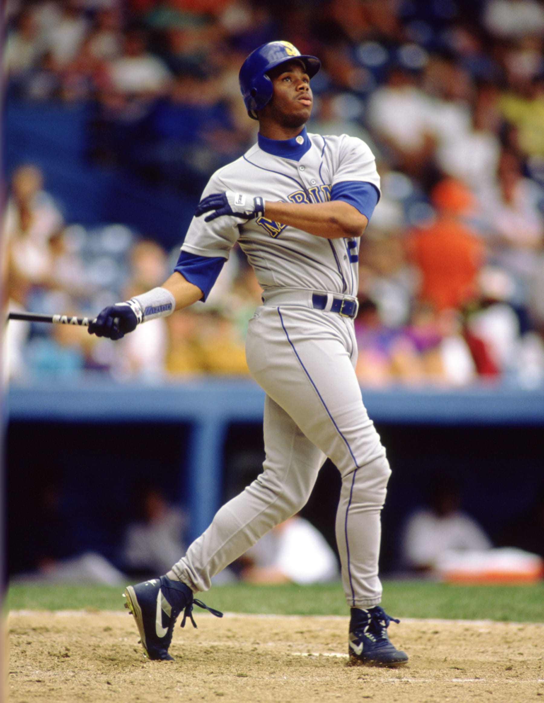 DETROIT - 1992:  Ken Griffey Jr. of the Seattle Mariners bats during an MLB game against the Detroit Tigers at Tiger Stadium in Detroit, Michigan during the 1992 season. (Photo by Ron Vesely/MLB Photos via Getty Images)
