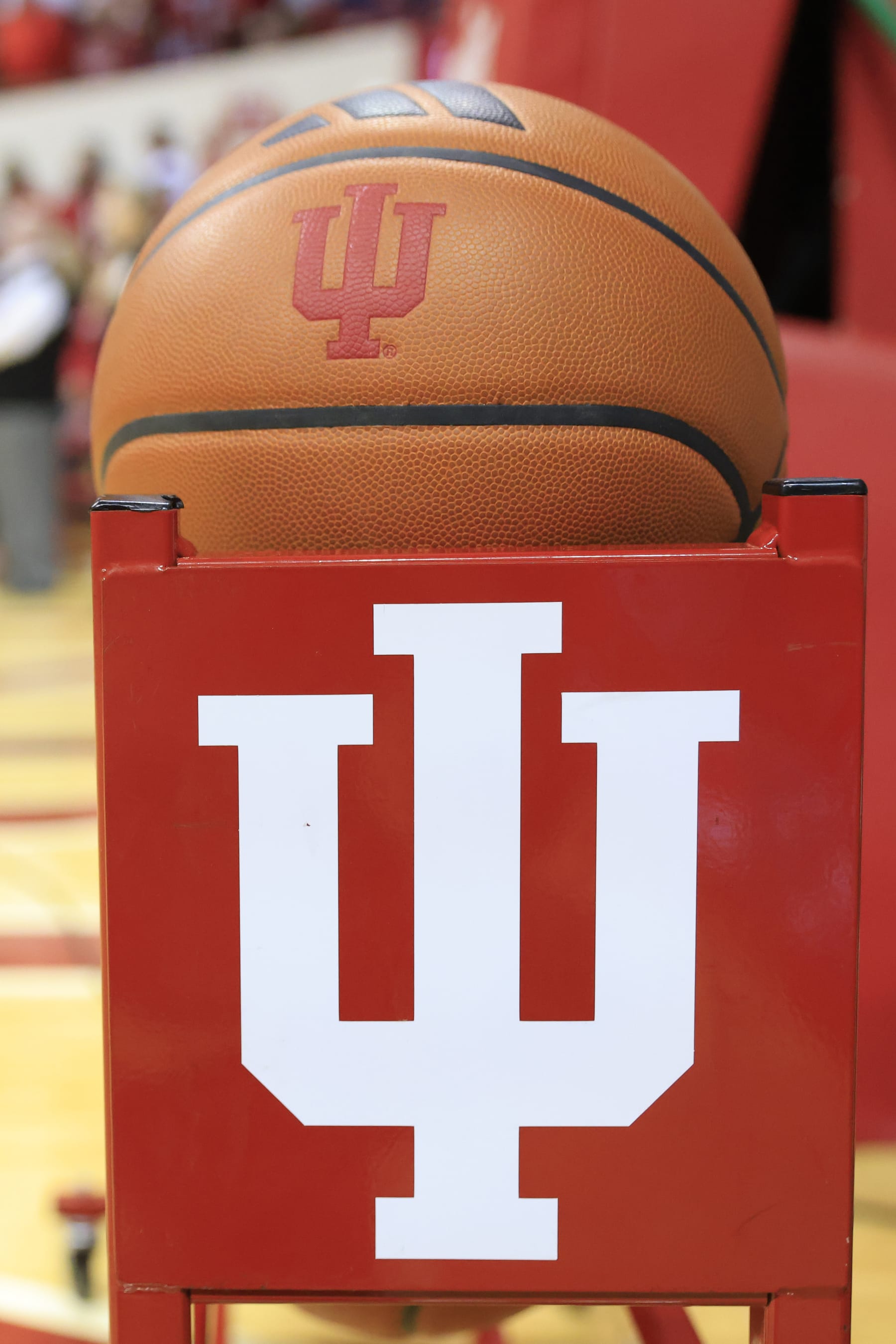 BLOOMINGTON, INDIANA - DECEMBER 29: The Indiana Hoosiers logo is seen on a basketball during the game against the Kennesaw State Owls at Simon Skjodt Assembly Hall on December 29, 2023 in Bloomington, Indiana. (Photo by Justin Casterline/Getty Images)