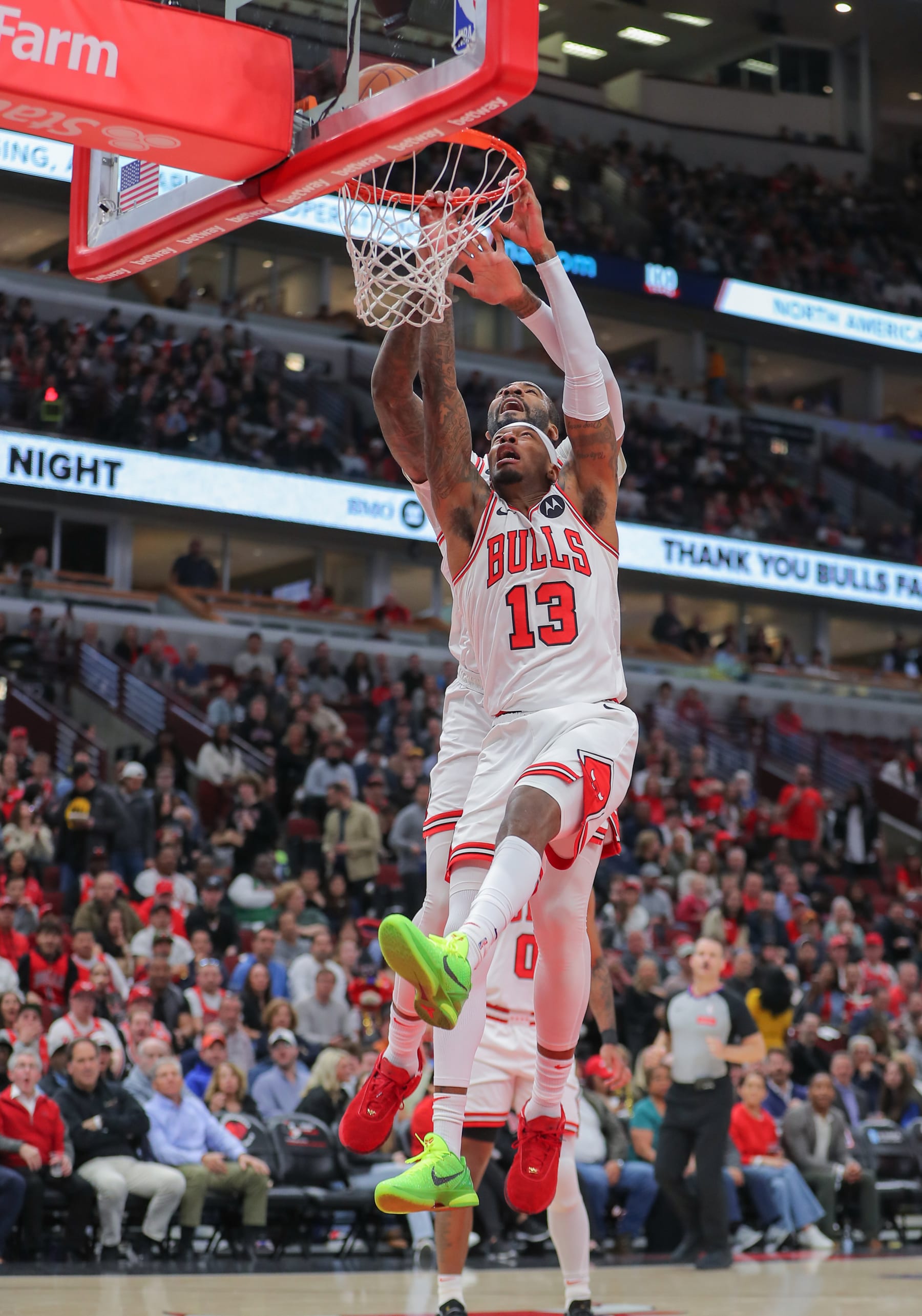 CHICAGO, IL - APRIL 09: Torrey Craig #13 of the Chicago Bulls misses a slam-dunk as Andre Drummond #3 of the Chicago Bulls jumps behind him during the first half against the New York Knicks at the United Center on April 9,2024 in Chicago. (Photo by Melissa Tamez/Icon Sportswire via Getty Images)