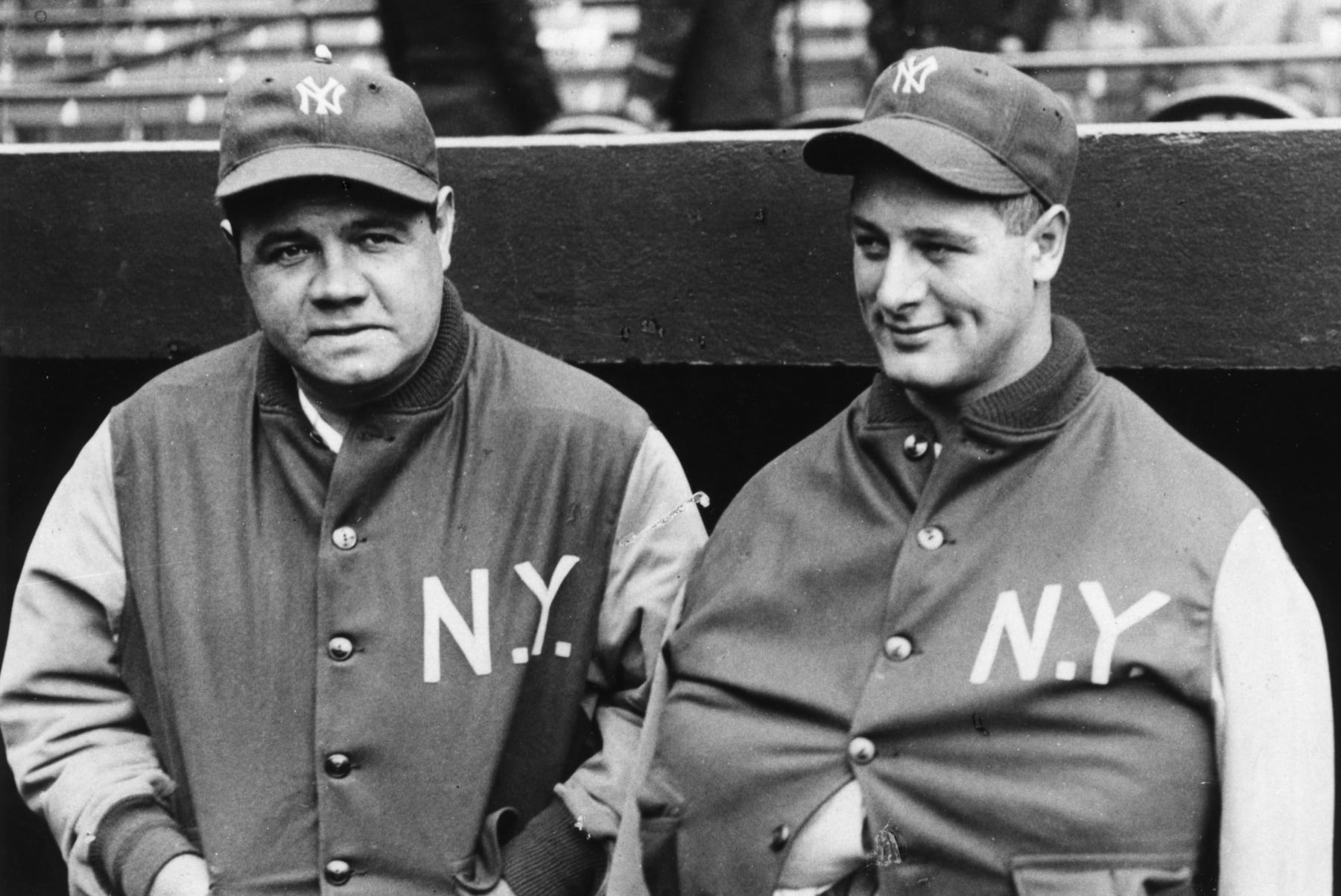 NEW YORK - APRIL 18, 1929.  Babe Ruth, New York Yankees outfielder, left, talks with teammate and first baseman Lou Gehrig in April of 1929.  (Photo by Mark Rucker/Transcendental Graphics, Getty Images) 