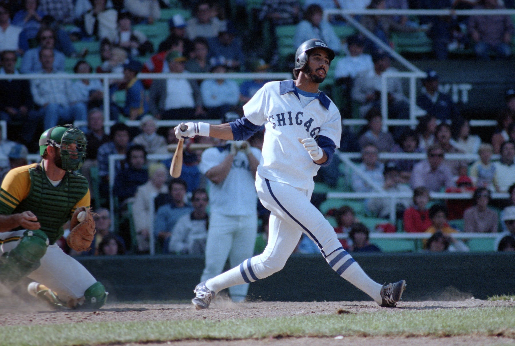 CHICAGO - CIRCA 1980:  Harold Baines #3 of the Chicago White Sox bats during an MLB game at Comiskey Park in Chicago, Illinois.  Baines played for the White Sox from 1980-1989, then during the 1996-1997 and 2000-2001 seasons. (Photo by Ron Vesely/MLB Photos via Getty Images)
