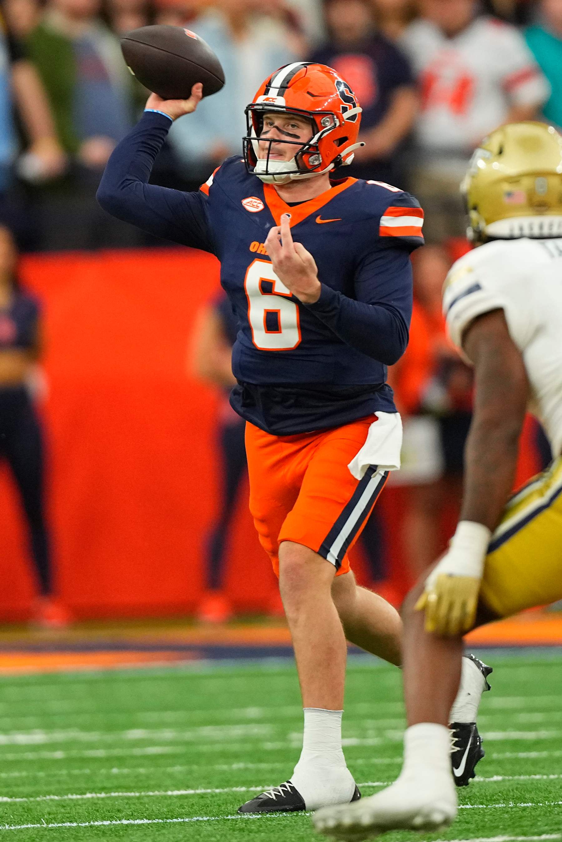 SYRACUSE, NY - SEPTEMBER 07: Syracuse Orange Quarterback Kyle McCord (6) throws the ball during the first half between the Georgia Tech Yellow Jackets and the Syracuse Orange on September 7, 2024, at the JMA Wireless Dome in Syracuse, NY.  (Photo by Gregory Fisher/Icon Sportswire via Getty Images)