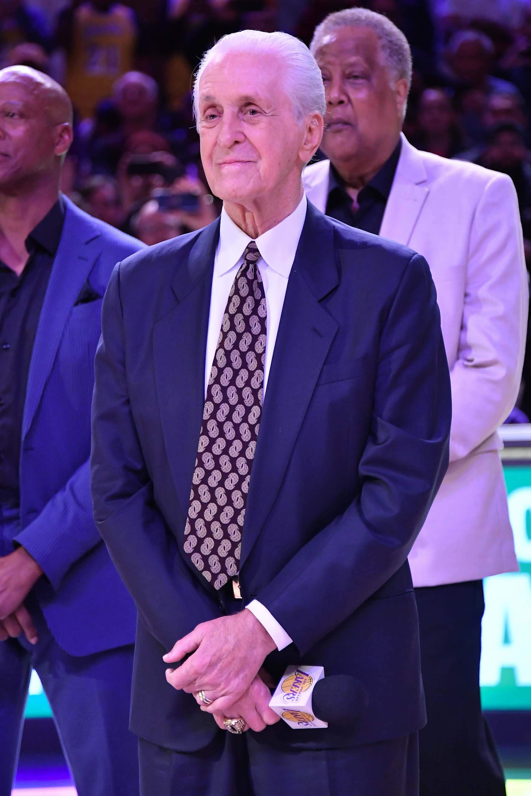 LOS ANGELES, CALIFORNIA - JANUARY 13: Pat Riley attends Michael Cooper's jersey retirement ceremony during halftime of a basketball game between the Los Angeles Lakers and San Antonio Spurs at Crypto.com Arena on January 13, 2025 in Los Angeles, California. NOTE TO USER: User expressly acknowledges and agrees that, by downloading and or using this photograph, User is consenting to the terms and conditions of the Getty Images License Agreement. (Photo by Allen Berezovsky/Getty Images)