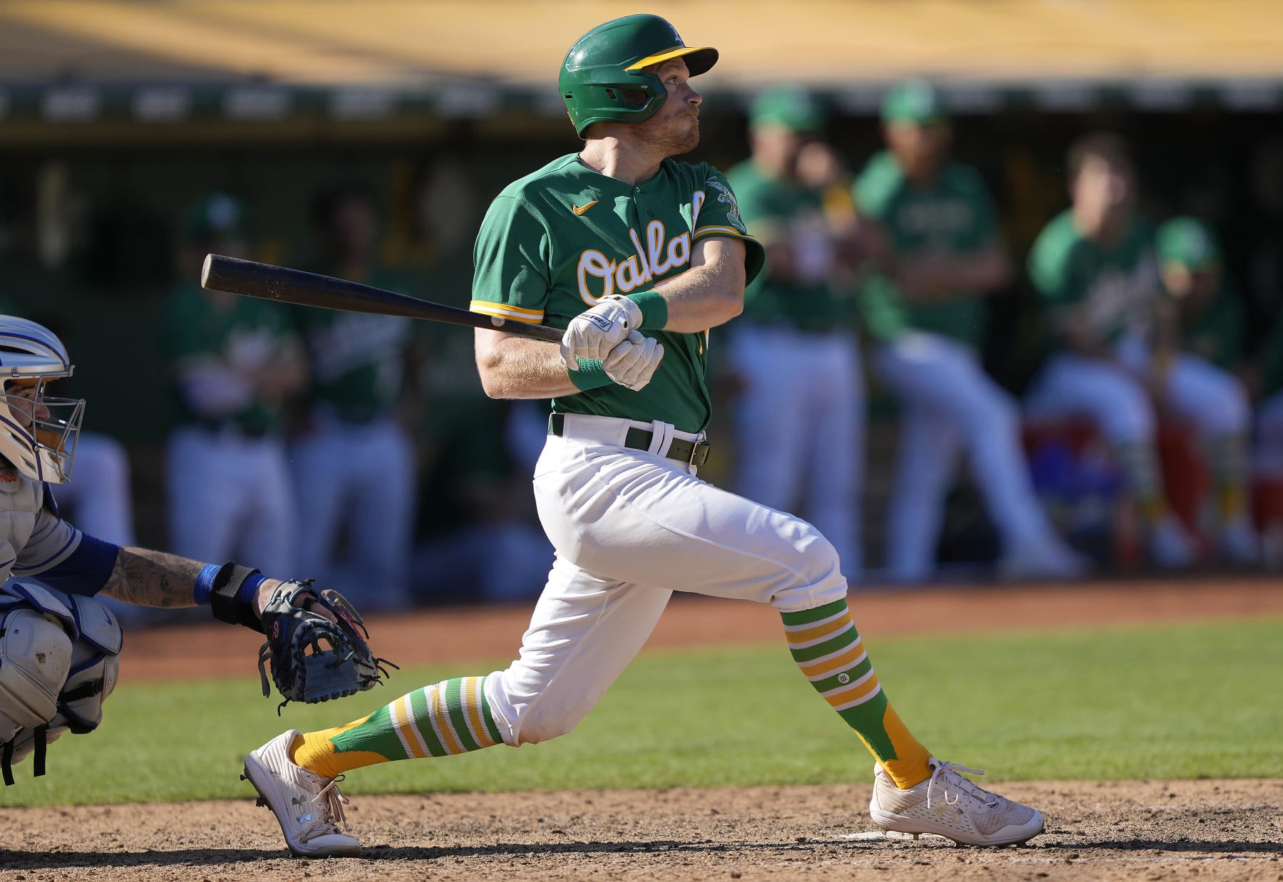 OAKLAND, CALIFORNIA - SEPTEMBER 25: Conner Capel #72 of the Oakland Athletics hits a three-run home run against the New York Mets in the bottom of the ninth inning at RingCentral Coliseum on September 25, 2022 in Oakland, California. The Mets won the game 13-4. (Photo by Thearon W. Henderson/Getty Images)