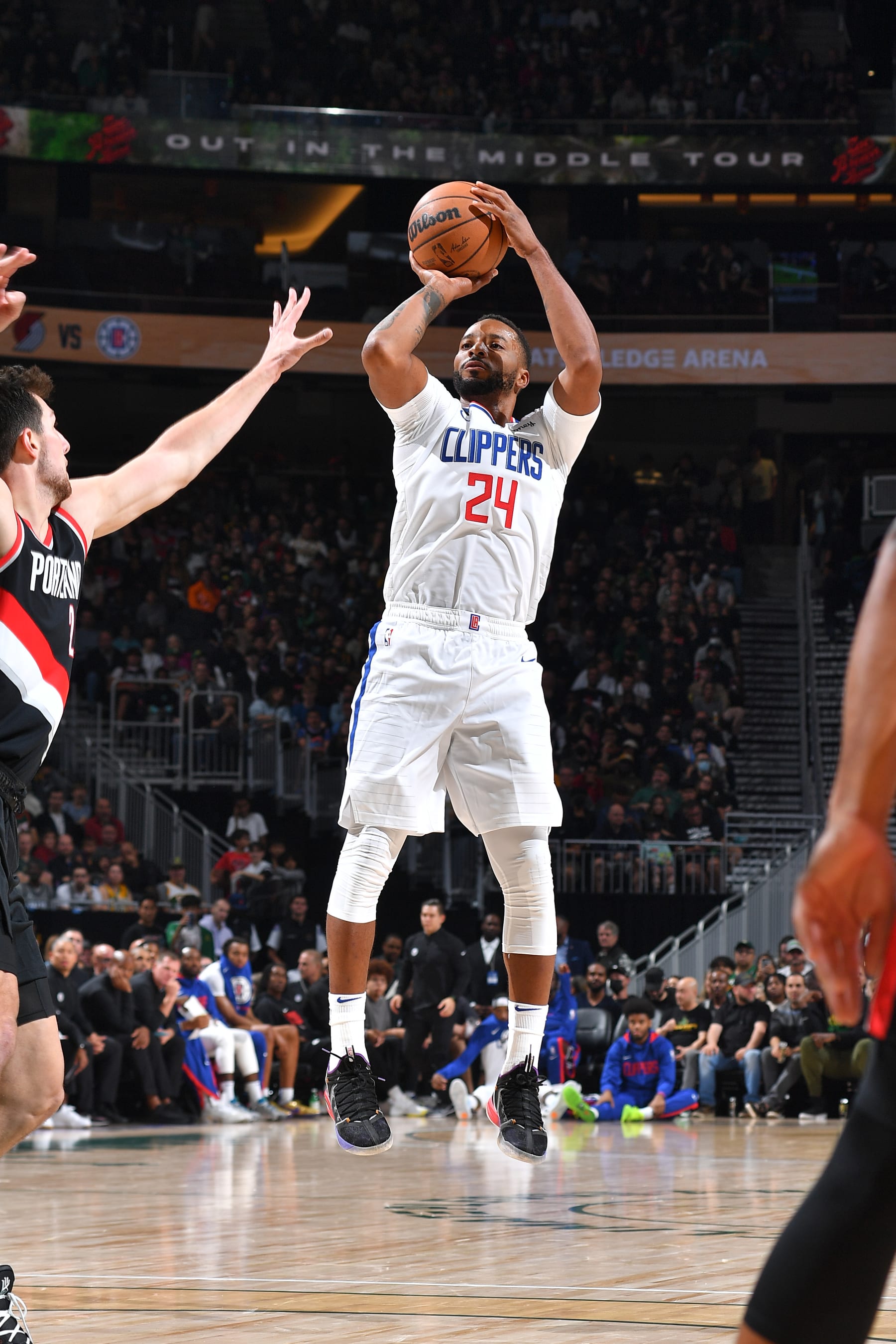 SEATTLE, WA - OCTOBER 3: Norman Powell #24 of the LA Clippers shoots the ball against the Portland Trail Blazers during a preseason game on October 3, 2022 at the Climate Pledge Arena in Seattle, Washington. NOTE TO USER: User expressly acknowledges and agrees that, by downloading and or using this photograph, user is consenting to the terms and conditions of the Getty Images License Agreement. Mandatory Copyright Notice: Copyright 2022 NBAE (Photos by Michael Gonzales/NBAE via Getty Images)