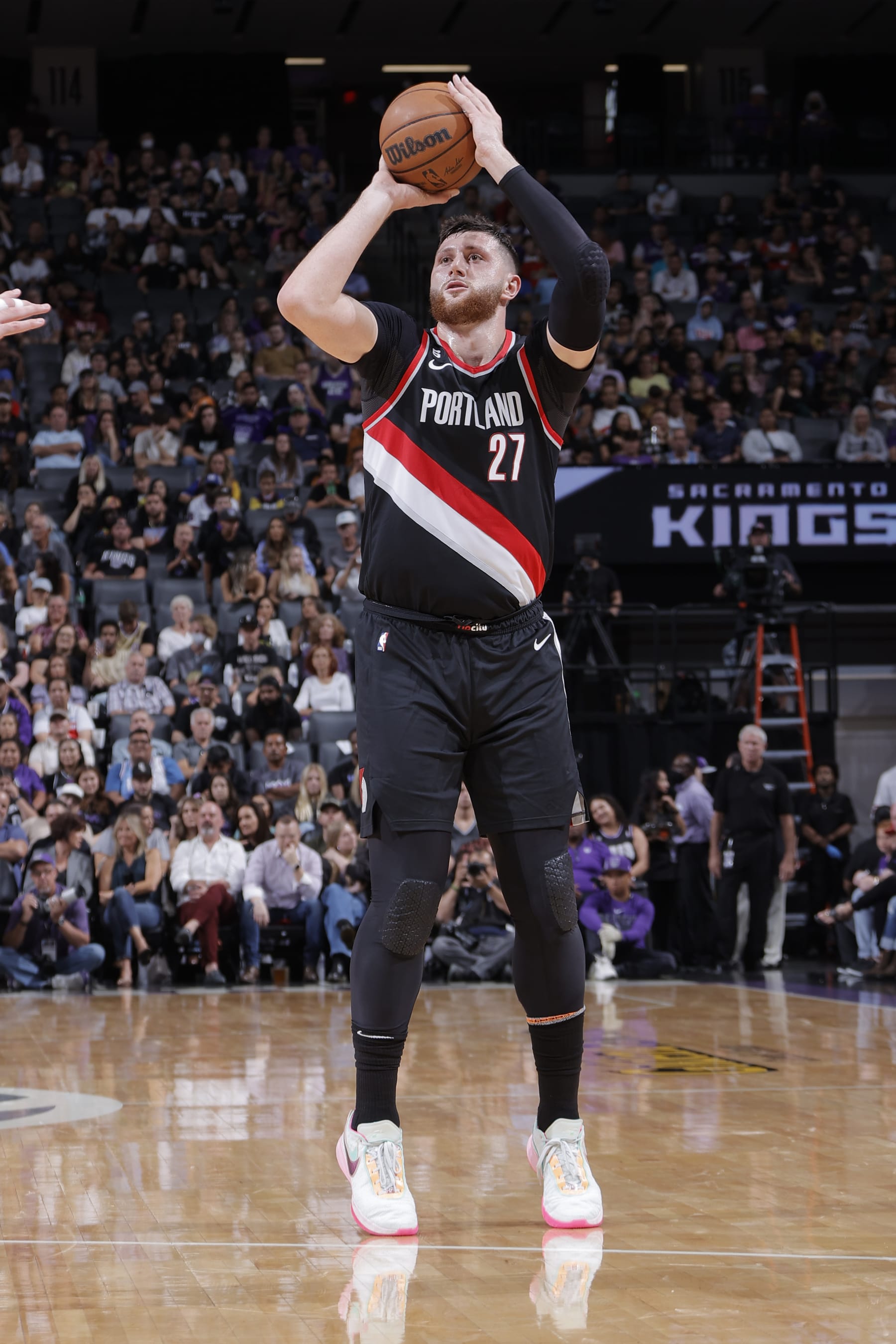 SACRAMENTO, CA - OCTOBER 9: Jusuf Nurkic #27 of the Portland Trail Blazers shoots a three point basket against the Sacramento Kings during a preseason game on October 9, 2022 at Golden 1 Center in Sacramento, California. NOTE TO USER: User expressly acknowledges and agrees that, by downloading and or using this Photograph, user is consenting to the terms and conditions of the Getty Images License Agreement. Mandatory Copyright Notice: Copyright 2022 NBAE (Photo by Rocky Widner/NBAE via Getty Images)