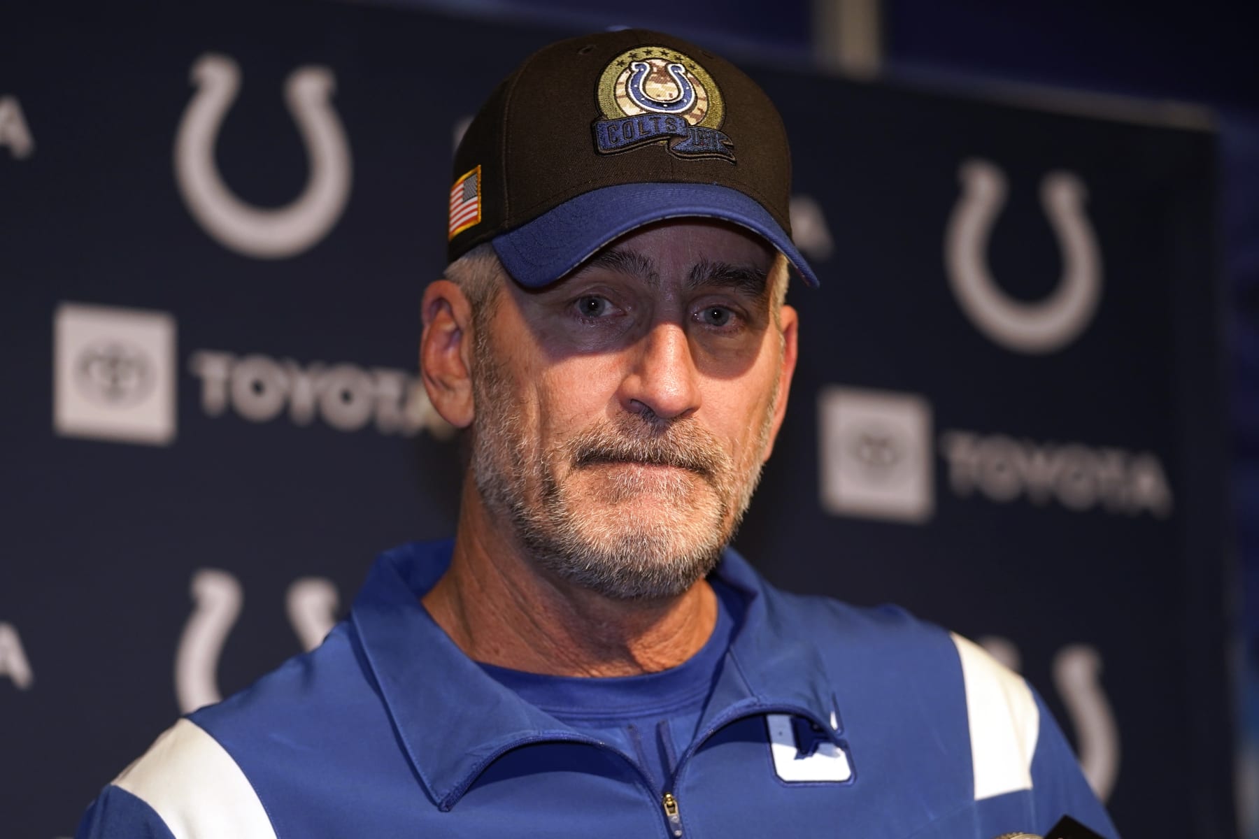 Indianapolis Colts head coach Frank Reich faces reporters following an NFL football game against the New England Patriots, Sunday, Nov. 6, 2022, in Foxborough, Mass. (AP Photo/Charles Krupa)