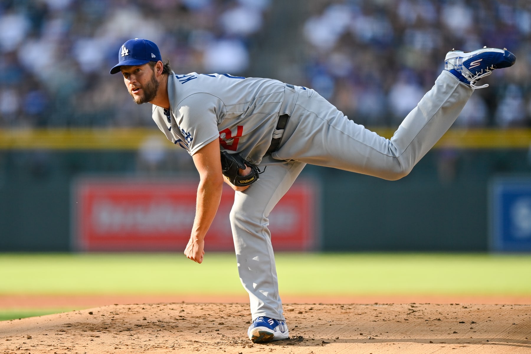 DENVER, CO - JULY 30: Los Angeles Dodgers starting pitcher Clayton Kershaw (22) pitches during a game between the Los Angeles Dodgers and the Colorado Rockies at Coors Field on July 30, 2022 in Denver, Colorado. (Photo by Dustin Bradford/Icon Sportswire via Getty Images)