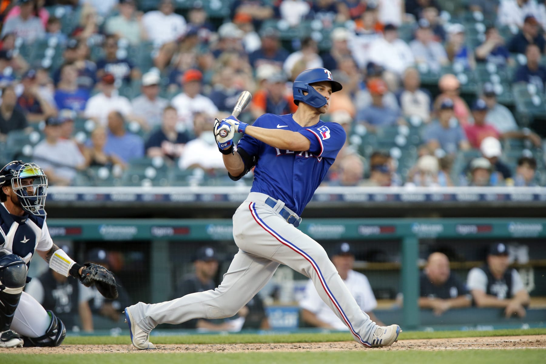 DETROIT, MI -  JUNE 16:  Corey Seager #5 of the Texas Rangers bats against the Detroit Tigers during the fourth inning at Comerica Park on June 16, 2022, in Detroit, Michigan. (Photo by Duane Burleson/Getty Images)