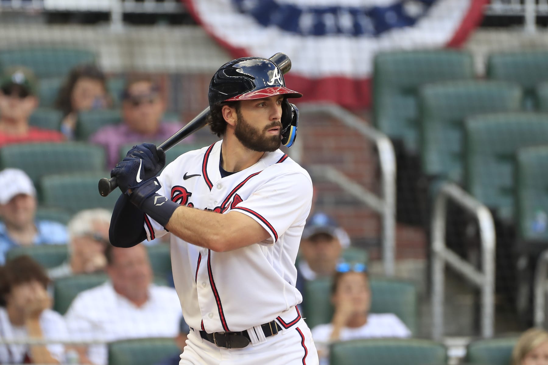 ATLANTA, GA - MAY 28: Dansby Swanson (7) bats during the Saturday afternoon MLB game between the Atlanta Braves and the Miami Marlins on May, 28, 2022 in Atlanta, Georgia.  (Photo by David J. Griffin/Icon Sportswire via Getty Images)