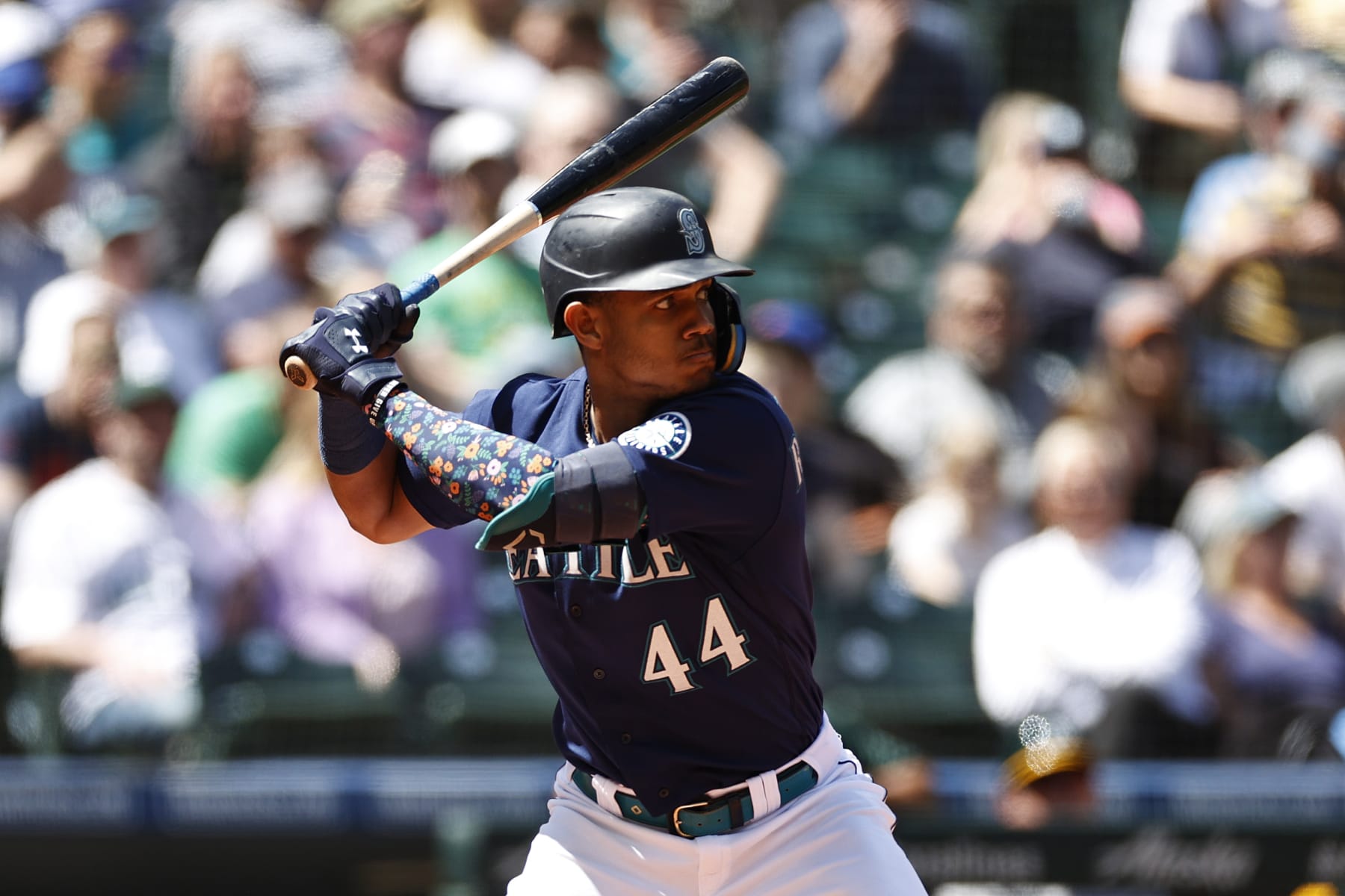 SEATTLE, WASHINGTON - MAY 25: Julio Rodriguez #44 of the Seattle Mariners at bat during the fourth inning at T-Mobile Park on May 25, 2022 in Seattle, Washington. (Photo by Steph Chambers/Getty Images)