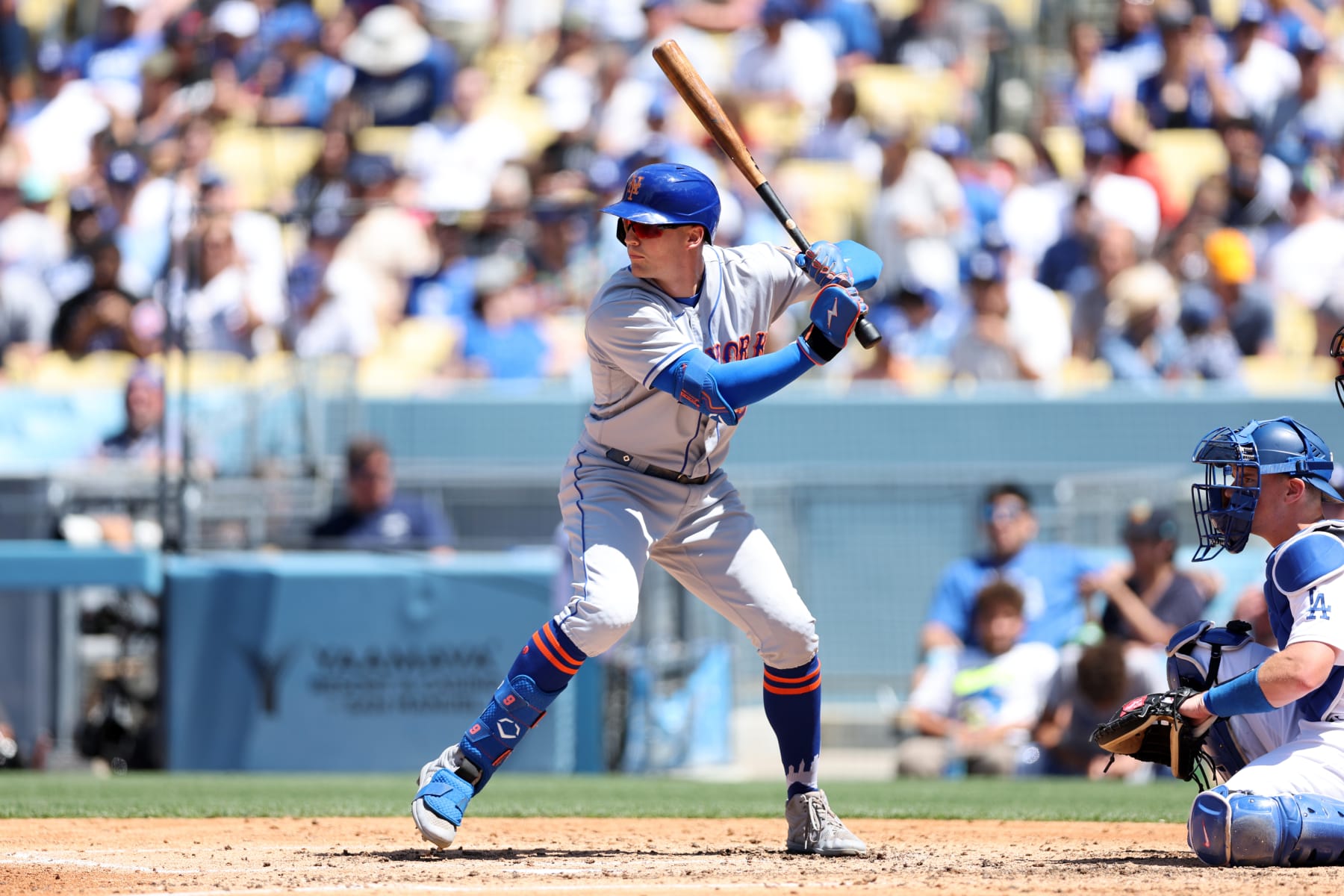 LOS ANGELES, CA - JUNE 5:  Brandon Nimmo #9 of the New York Mets bats during the game against the Los Angeles Dodgers at Dodger Stadium on June 5, 2022 in Los Angeles, California. The Mets defeated the Dodgers 5-4. (Photo by Rob Leiter/MLB Photos via Getty Images)