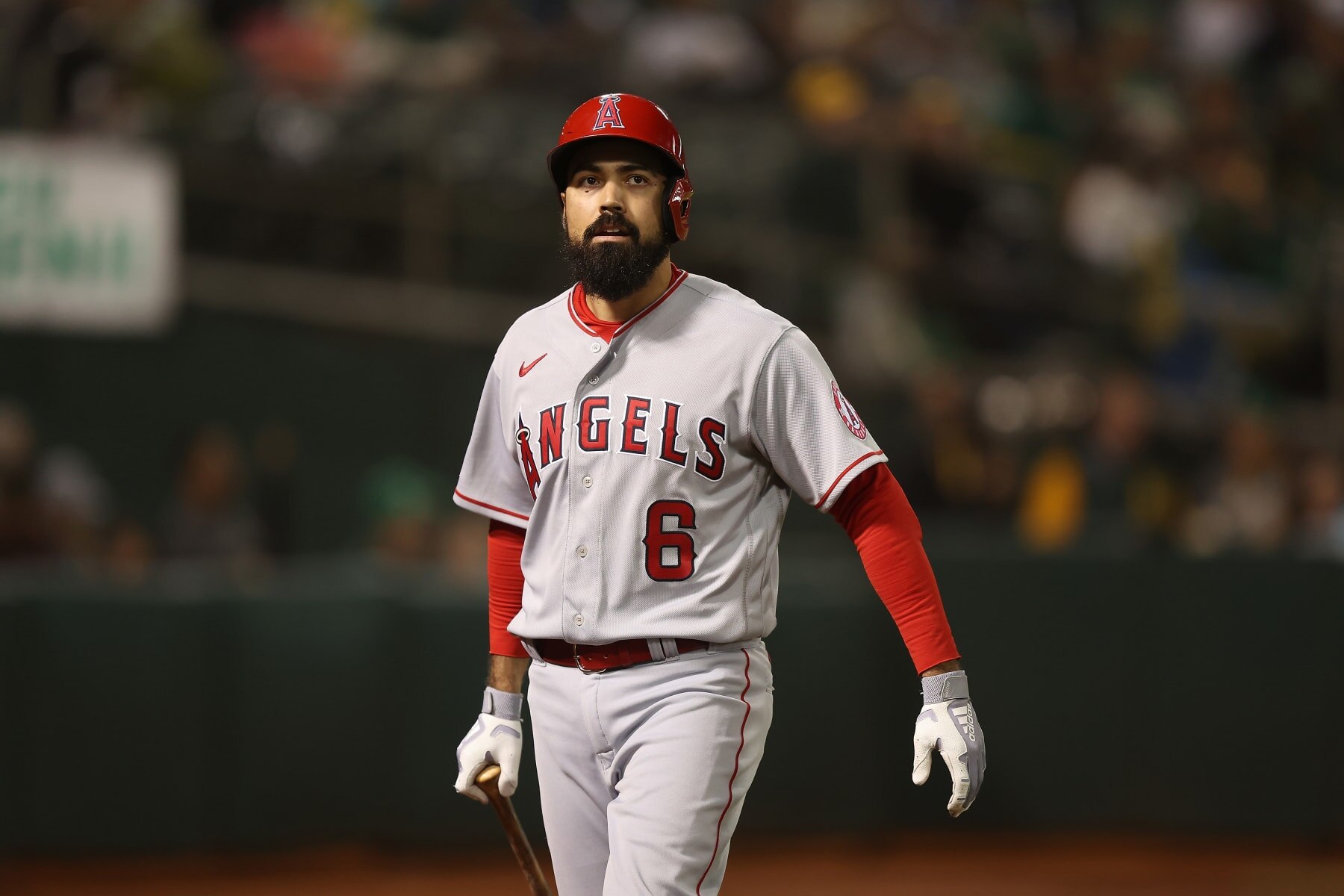 OAKLAND, CALIFORNIA - OCTOBER 04: Anthony Rendon #6 of the Los Angeles Angels looks on during the game against the Oakland Athletics at RingCentral Coliseum on October 04, 2022 in Oakland, California. (Photo by Lachlan Cunningham/Getty Images)
