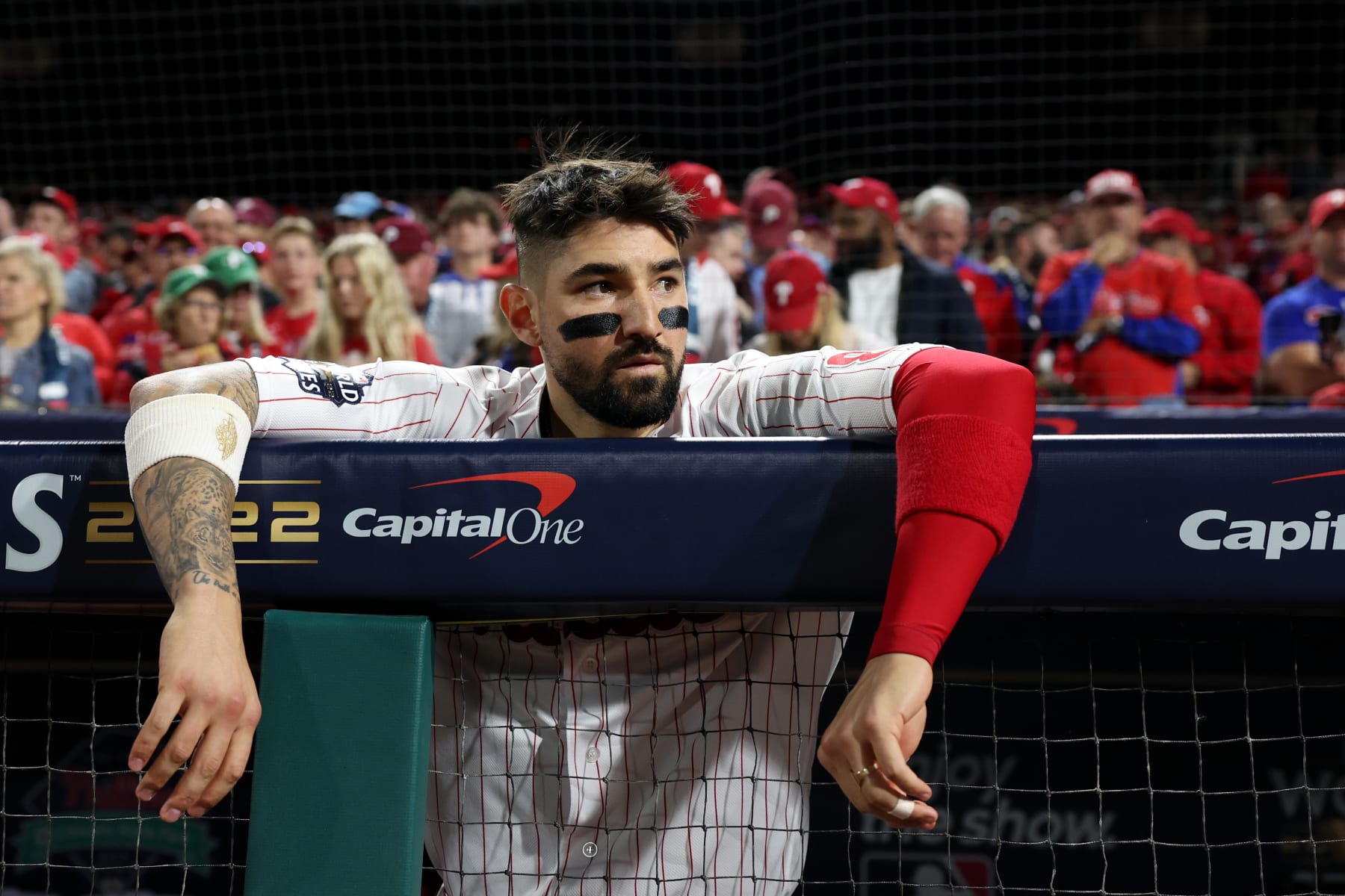 PHILADELPHIA, PA - NOVEMBER 01:  Nick Castellanos #8 of the Philadelphia Phillies looks on from the dugout prior to Game 3 of the 2022 World Series between the Houston Astros and the Philadelphia Phillies at Citizens Bank Park on Tuesday, November 1, 2022 in Philadelphia, Pennsylvania. (Photo by Mary DeCicco/MLB Photos via Getty Images)
