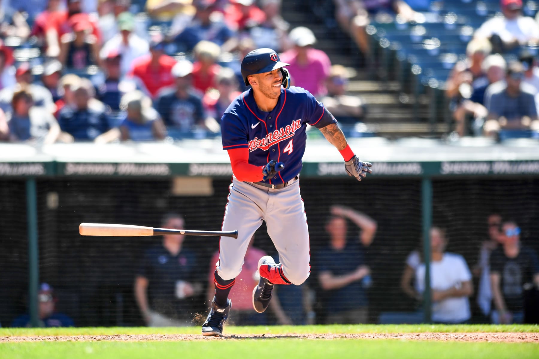 CLEVELAND, OH - JUNE 30: Carlos Correa #4 of the Minnesota Twins runs out a ground ball during the eighth inning against the Cleveland Guardians at Progressive Field on June 30, 2022 in Cleveland, Ohio. (Photo by Nick Cammett/Diamond Images via Getty Images)