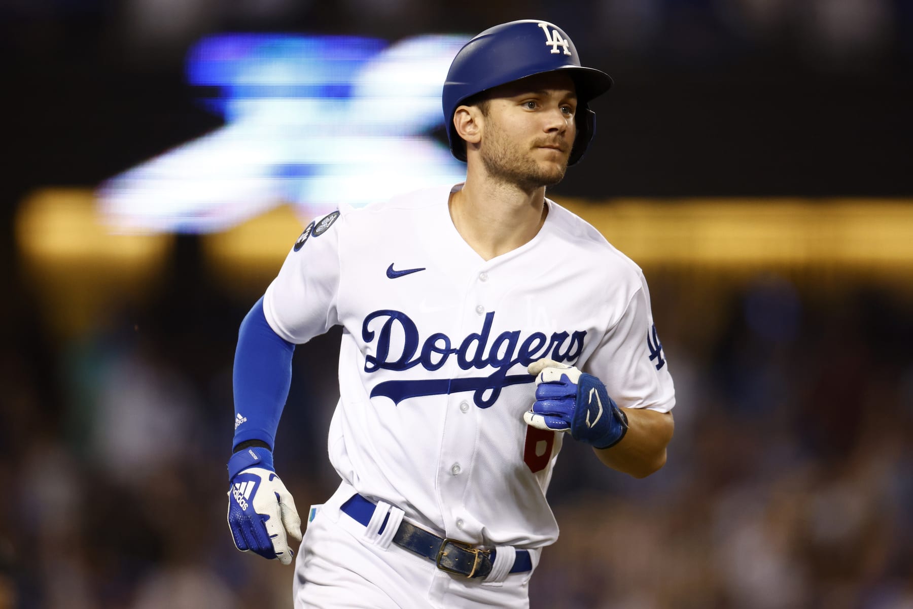 LOS ANGELES, CALIFORNIA - OCTOBER 12: Trea Turner #6 of the Los Angeles Dodgers runs the bases after hitting a solo home run in the third inning in game two of the National League Division Series against the San Diego Padres at Dodger Stadium on October 12, 2022 in Los Angeles, California. (Photo by Ronald Martinez/Getty Images)