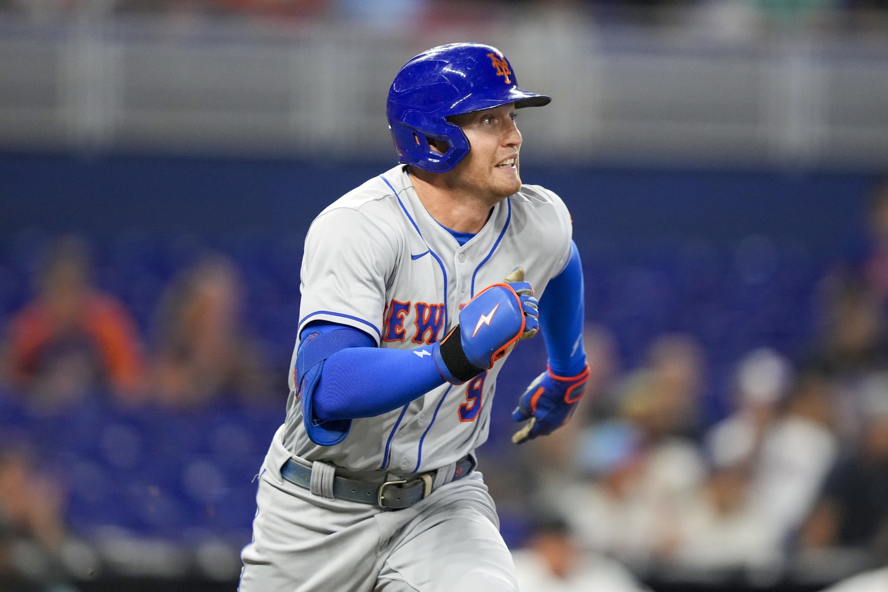 MIAMI, FLORIDA - JUNE 26: Brandon Nimmo #9 of the New York Mets hits a double in the first inning against the Miami Marlins at loanDepot park on June 26, 2022 in Miami, Florida. (Photo by Eric Espada/Getty Images)