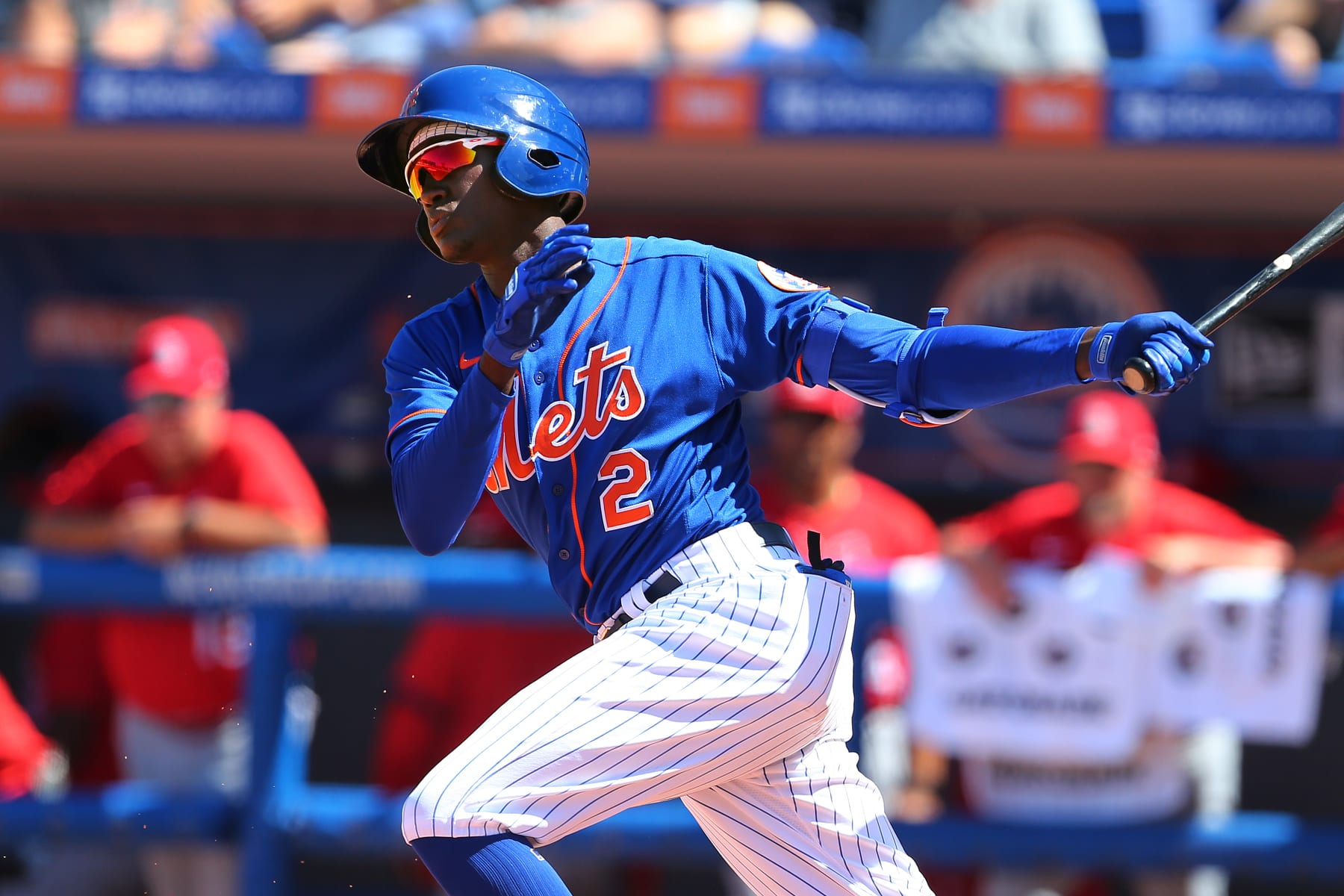 PORT ST. LUCIE, FL - MARCH 11: Ronny Mauricio #2 of the New York Mets in action against the St. Louis Cardinals during a spring training baseball game at Clover Park at on March 11, 2020 in Port St. Lucie, Florida. (Photo by Rich Schultz/Getty Images)
