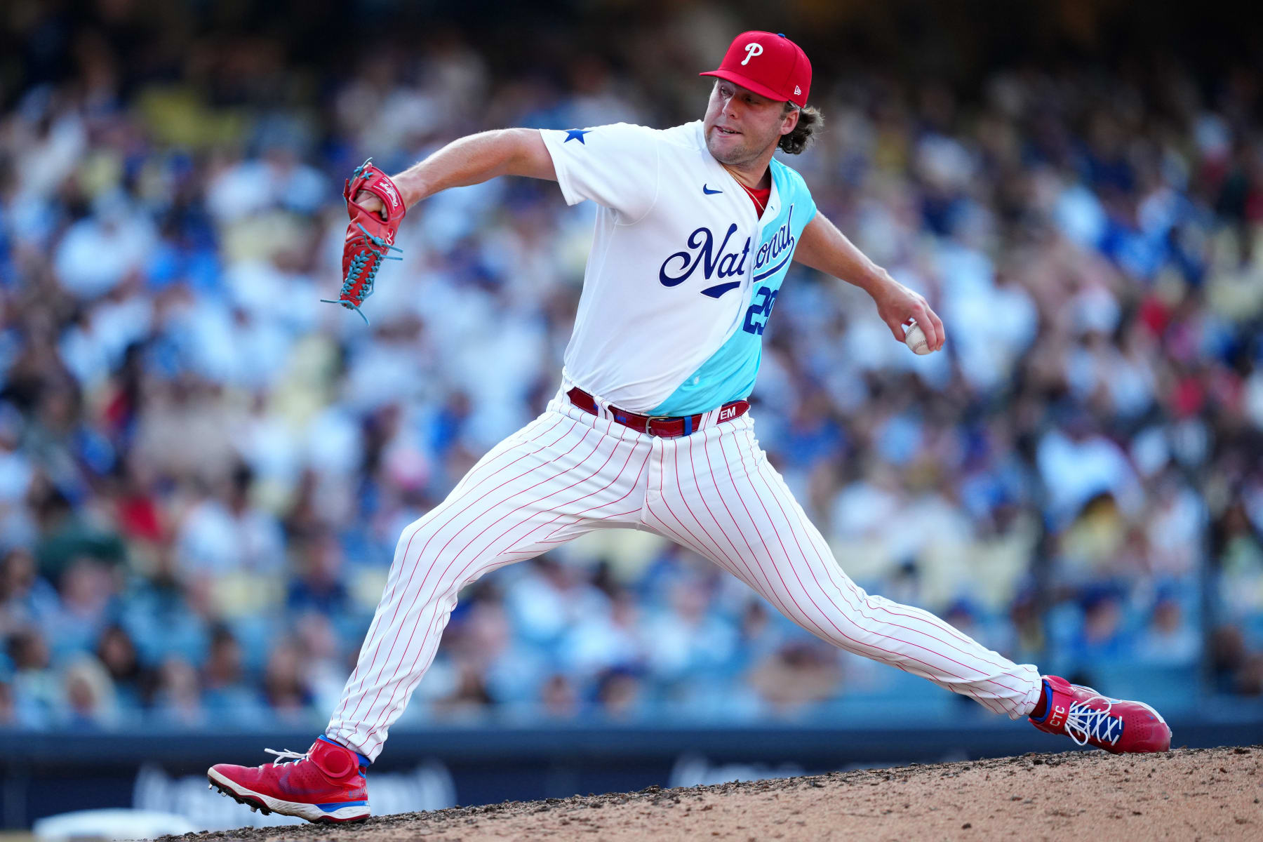 LOS ANGELES, CA - JULY 16:  Erik Miller #29 of the Philadelphia Phillies pitches in the seventh inning during the 2022 SiriusXM All-Star Futures Game at Dodger Stadium on Saturday, July 16, 2022 in Los Angeles, California. (Photo by Daniel Shirey/MLB Photos via Getty Images)