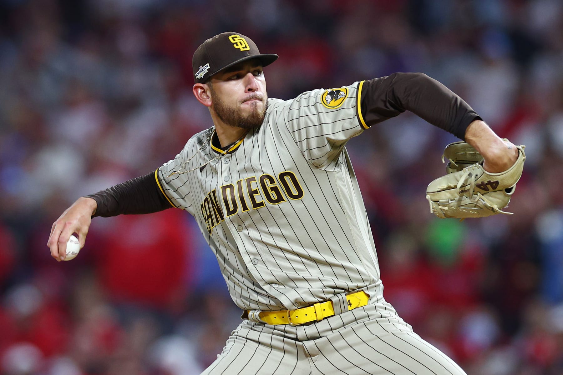 PHILADELPHIA, PENNSYLVANIA - OCTOBER 21: Joe Musgrove #44 of the San Diego Padres pitches during the first inning against the Philadelphia Phillies in game three of the National League Championship Series at Citizens Bank Park on October 21, 2022 in Philadelphia, Pennsylvania. (Photo by Elsa/Getty Images)