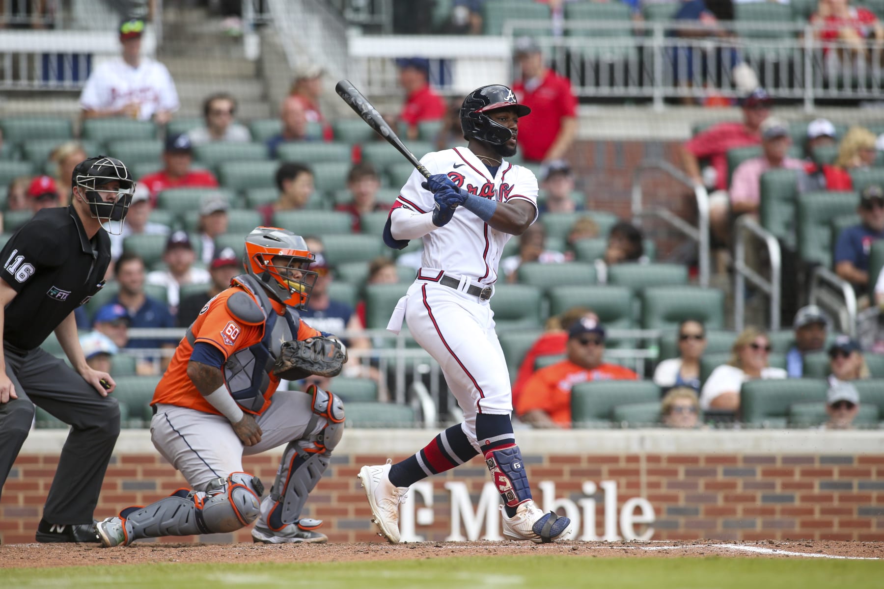 ATLANTA, GA - AUGUST 21: Michael Harris II #23 of the Atlanta Braves bats against the Houston Astros in the seventh inning at Truist Park on August 21, 2022 in Atlanta, Georgia. (Photo by Brett Davis/Getty Images)