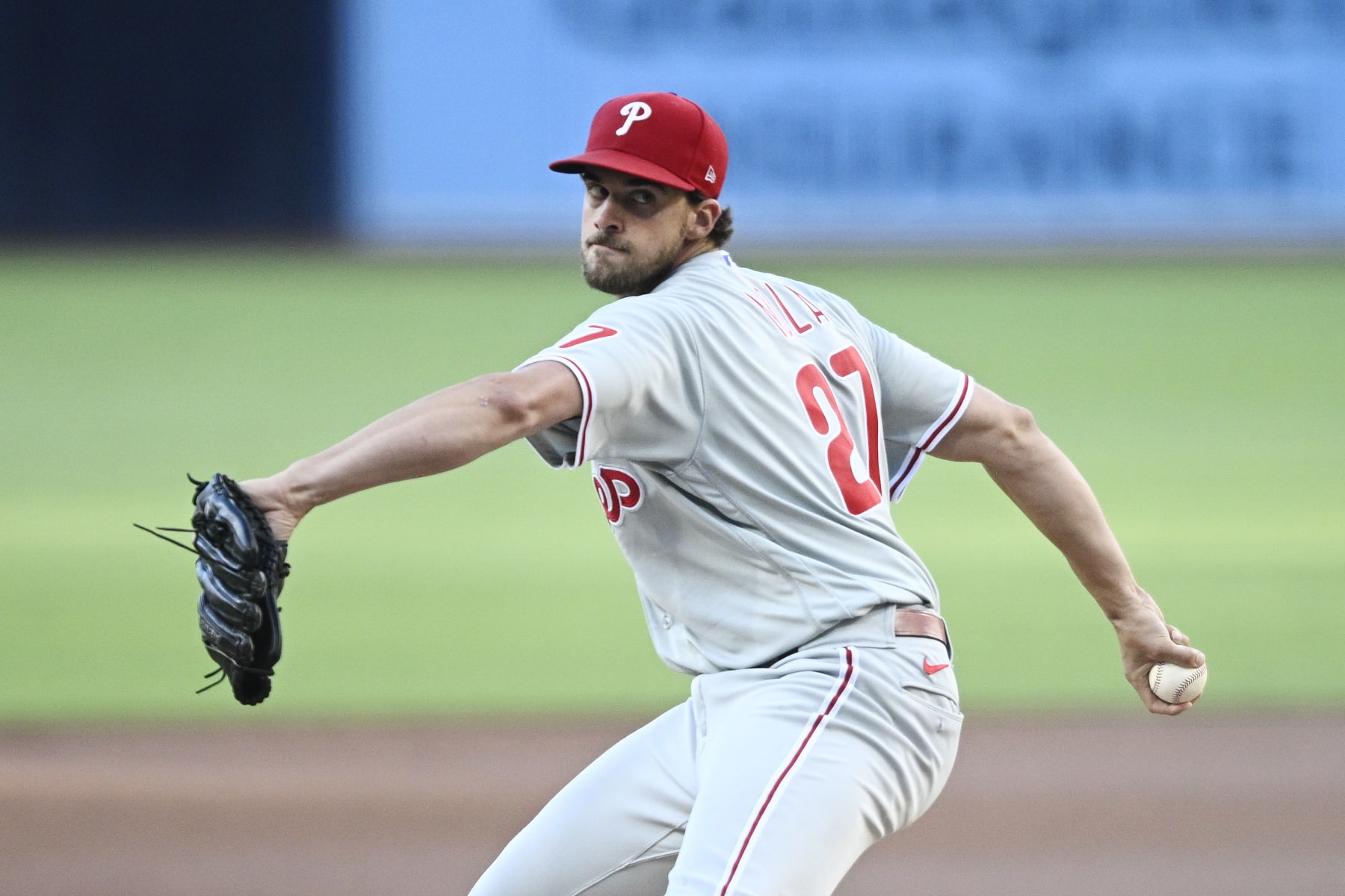 SAN DIEGO, CA - JUNE 24:  Aaron Nola #27 of the Philadelphia Phillies pitches during the first inning of a baseball game against the San Diego Padres at Petco Park on June 24, 2022 in San Diego, California. (Photo by Denis Poroy/Getty Images)